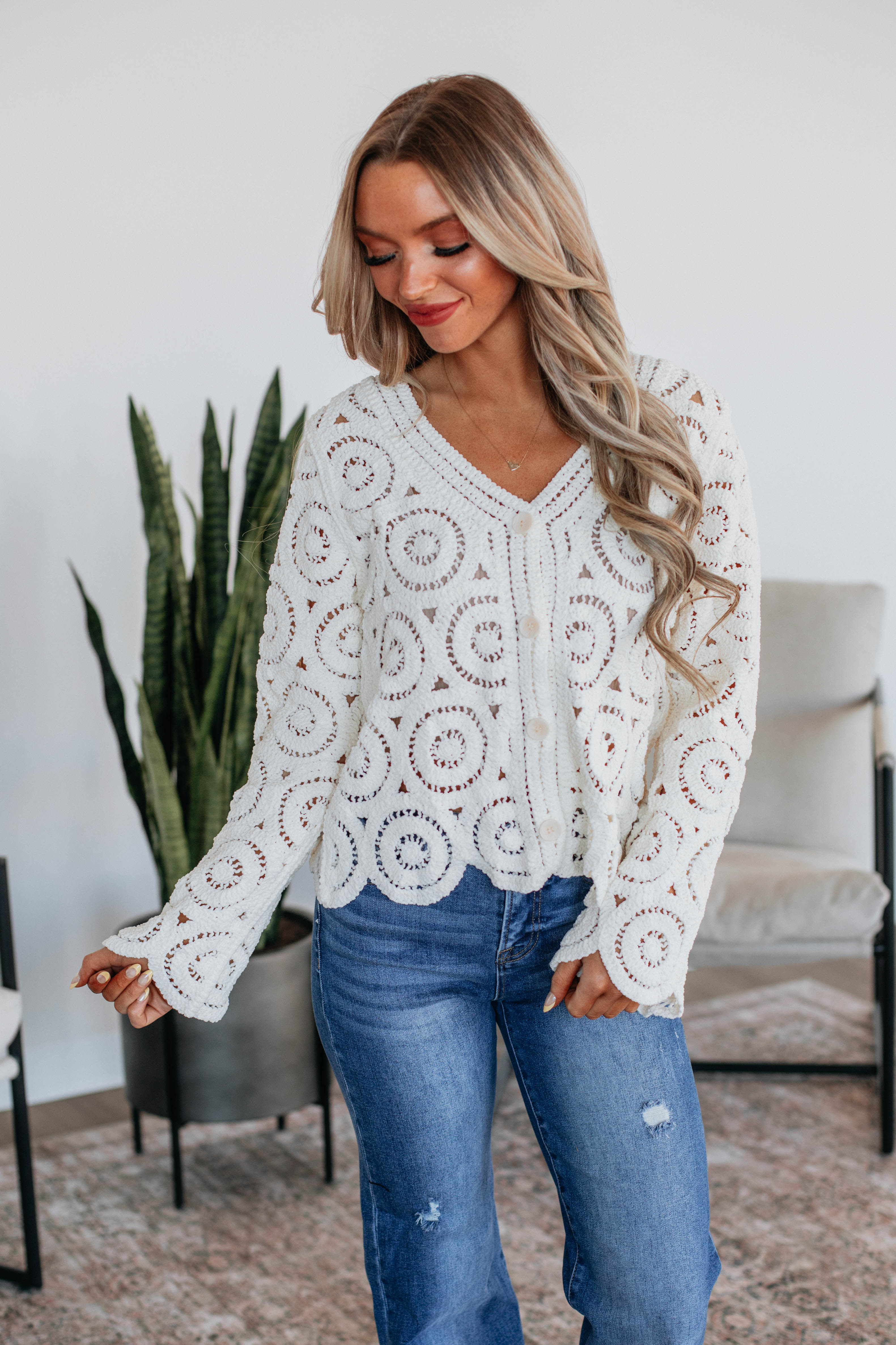 Gwenette Crochet Cardigan Women's Lightweight Open Front Sweater - Cream Beige Knit Wrap Cover Up for Spring, Fall & Cozy Home Wear