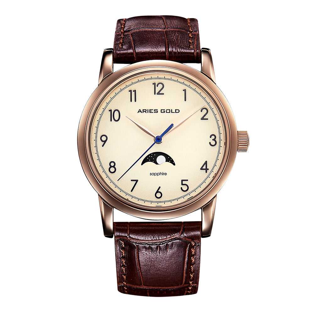 ARIES GOLD URBAN Rose Gold Stainless Steel Men's Watch with Brown Leather Strap - Model ETIENNE G 1003 RG BEI - Perfect for Business, Casual & Formal Occasions
