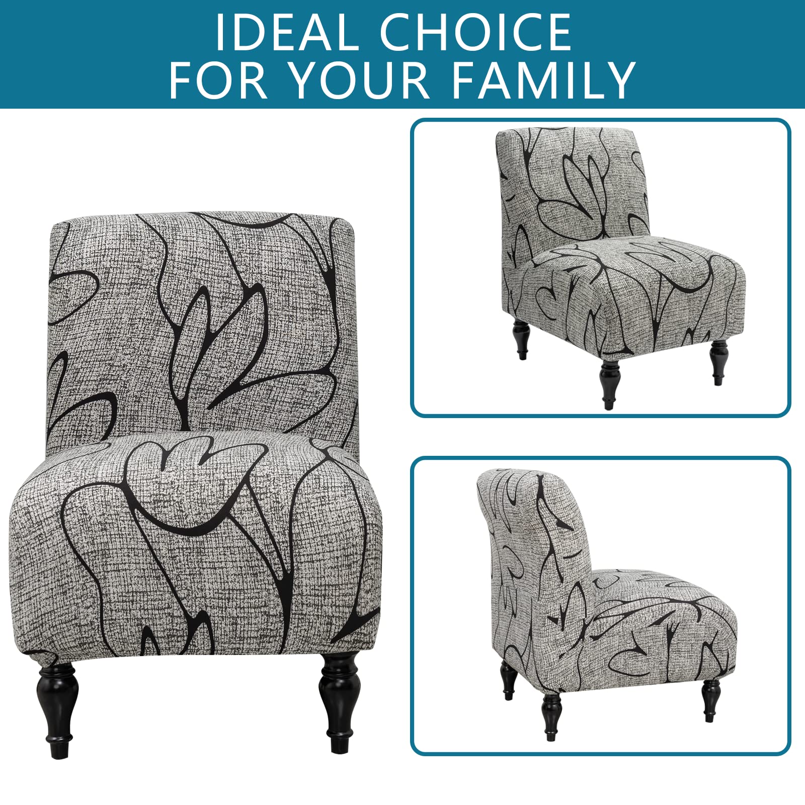 Liykimt Armless Accent Slipper Chair Cover - Stretch Spandex Slipcover for Armless Chairs, Removable Furniture Protector in Gray/Black - Perfect for Living Room, Dining Room & Home Decor
