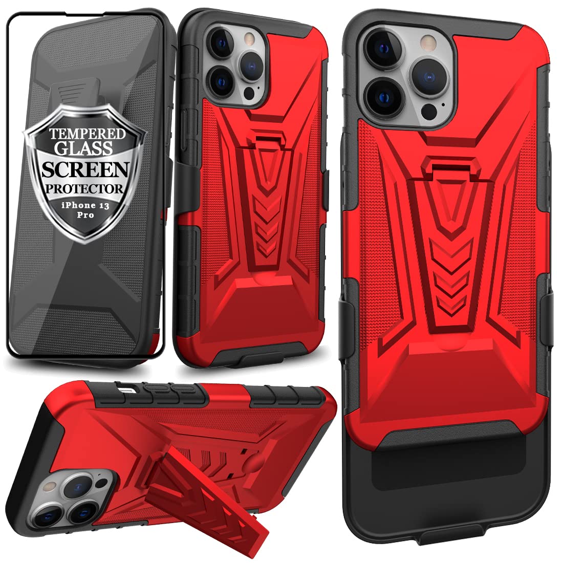 Ailiber Heavy Duty Shockproof iPhone 13 Pro Max Case with Screen Protector, Swivel Belt Clip & Kickstand - Full Body Protection for iPhone 13 Pro Max 6.7 Inch (Red) - Perfect for Outdoor Activities, Construction Work & Extreme Sports