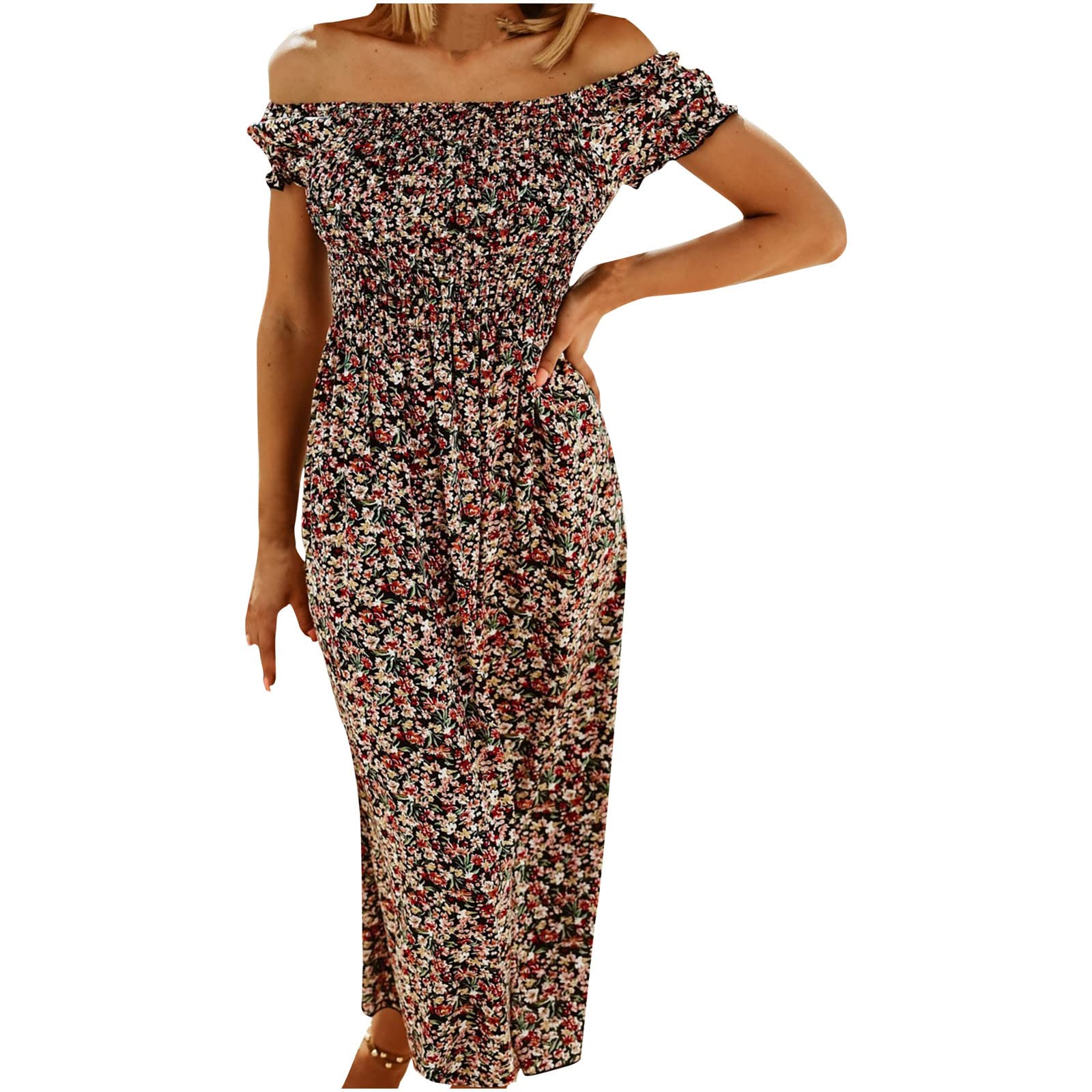 BFAFEN Women's Floral Print Off Shoulder Short Sleeve Maxi Sundress - Summer Beach Dress for Casual Wear, Vacation, and Outdoor Parties