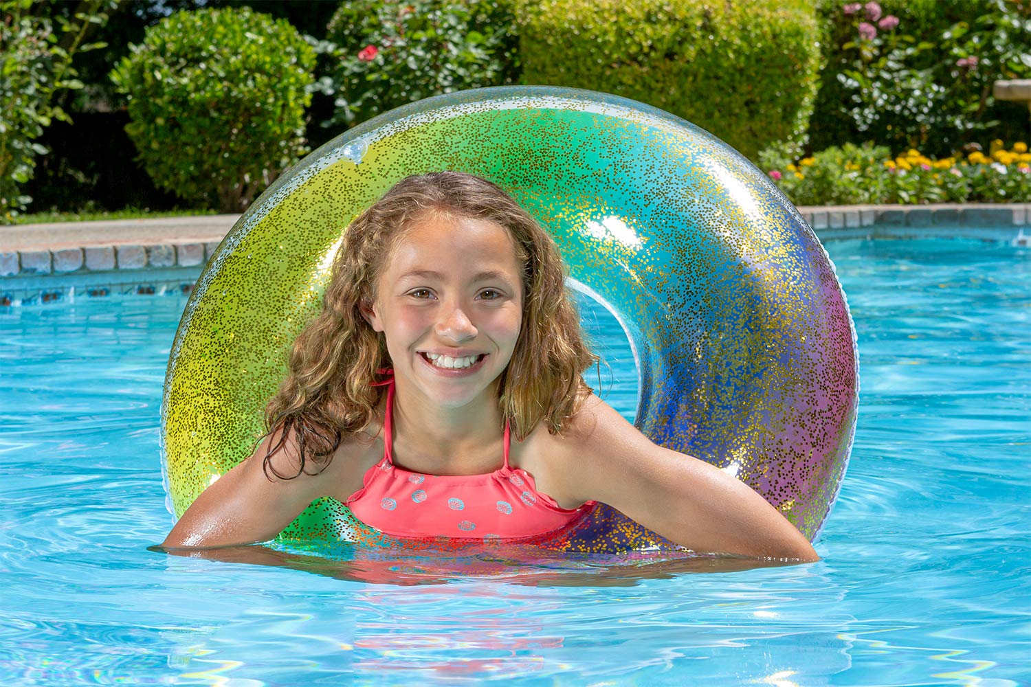 Poolmaster Rainbow Glitter Inflatable Swimming Pool Tube Float - Fun Summer Pool Party, Beach & Lake Floating Accessories for Adults & Kids