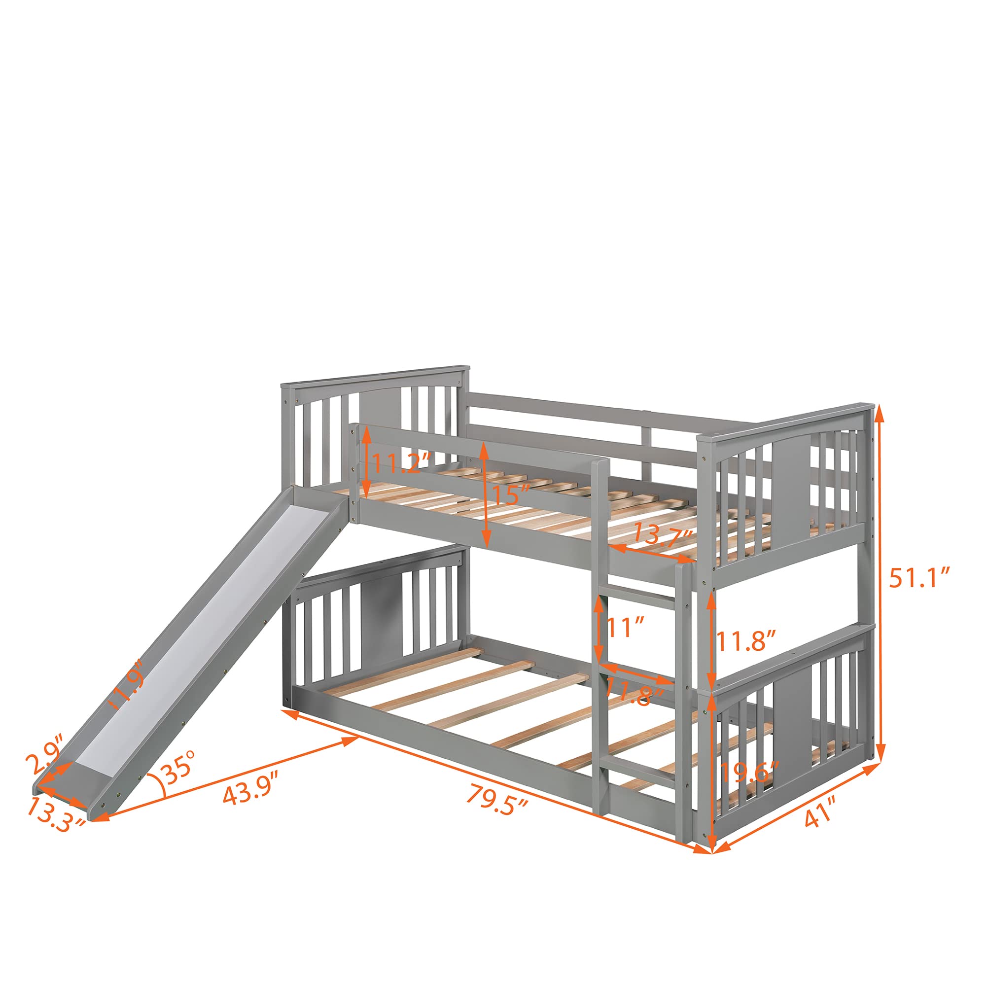 SOFTSEA Low Twin Over Twin Bunk Bed with Slide & Built-in Ladder - Kids Floor Bunk Bed for Small Spaces | Perfect for Siblings Sharing Room or Sleepovers