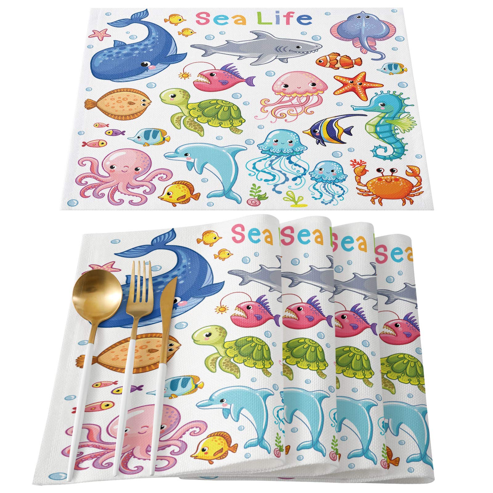 Cartoon Sea Life Placemats Set of 4 - 13x19 Inch Heat Resistant & Washable Dining Table Mats for Kitchen, Home Decor - Perfect for Family Meals, Parties & Kids' Dining Protection
