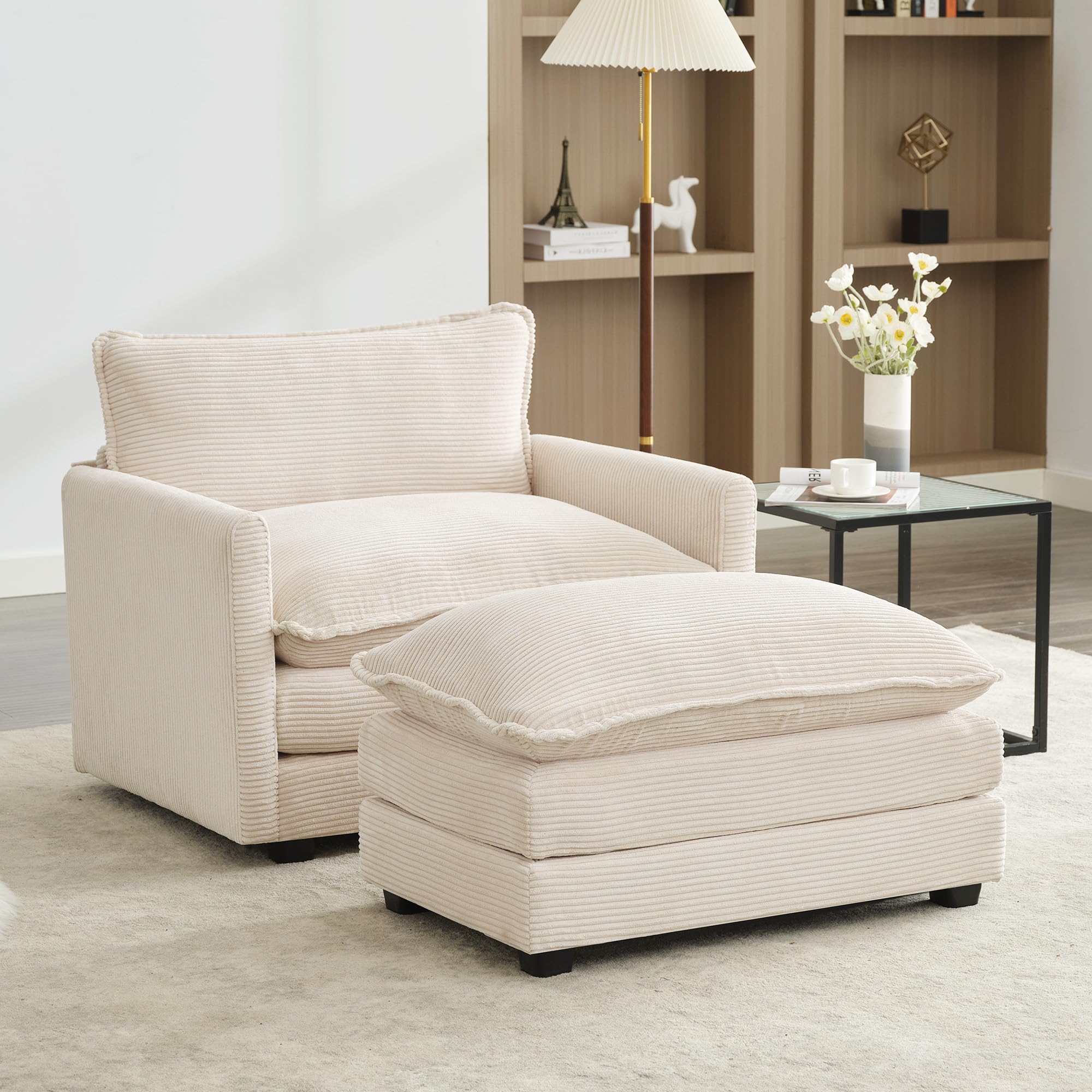 Convertible Sectional Sofa with Ottoman - Corduroy Upholstered Living Room Couch Set with Chaise Lounge, Modern Beige Furniture for Small Spaces | Perfect for Apartments, Family Rooms & Cozy Home Decor