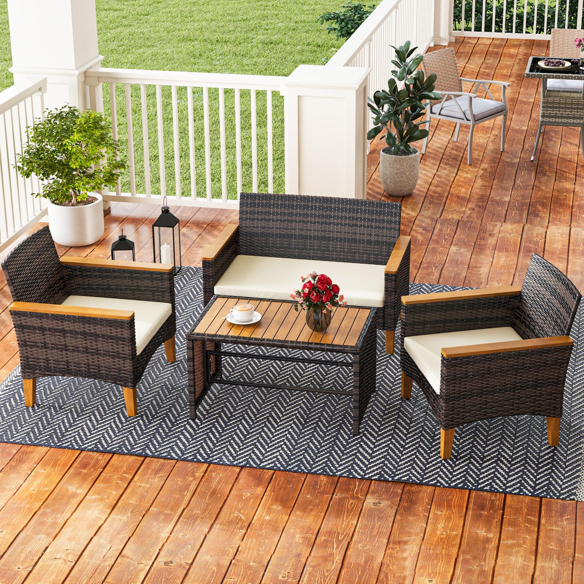 YITAHOME 4-Piece All-Weather Outdoor Patio Furniture Set - Wooden Armrest Rattan Wicker Conversation Set with Side Table, Cushions & Wooden Feet (Brown/Beige) - Perfect for Garden, Backyard, Poolside & Patio Relaxation