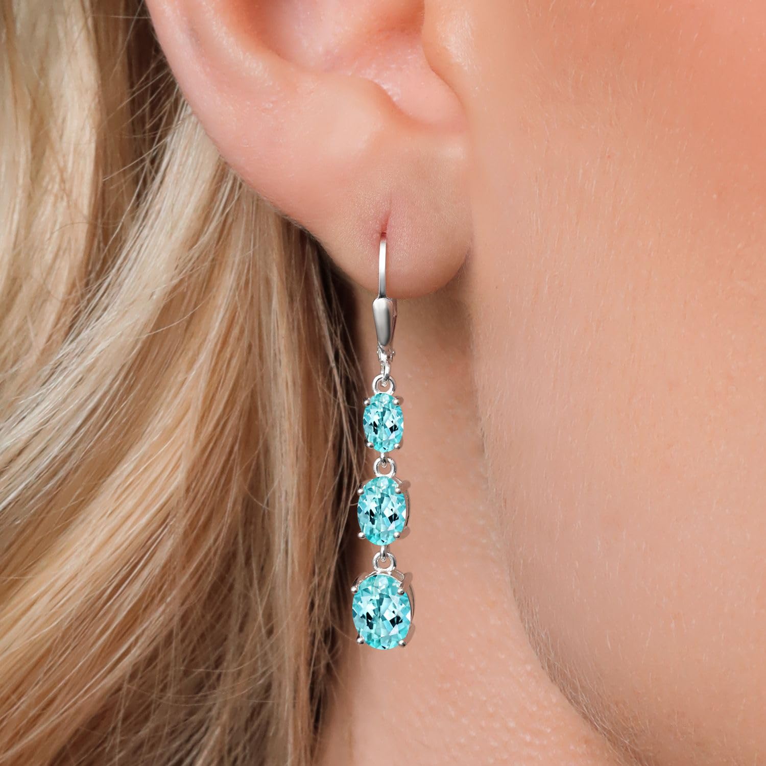 Gem Stone King 3-Stone Leverback Drop Dangle Earrings for Women - 925 Sterling Silver Birthstone Jewelry | Oval 8x6mm, 7x5mm & 6x4mm Gemstones | Elegant Gift for Mom, Wife, Her | Perfect for Birthdays, Anniversaries & Special Occasions
