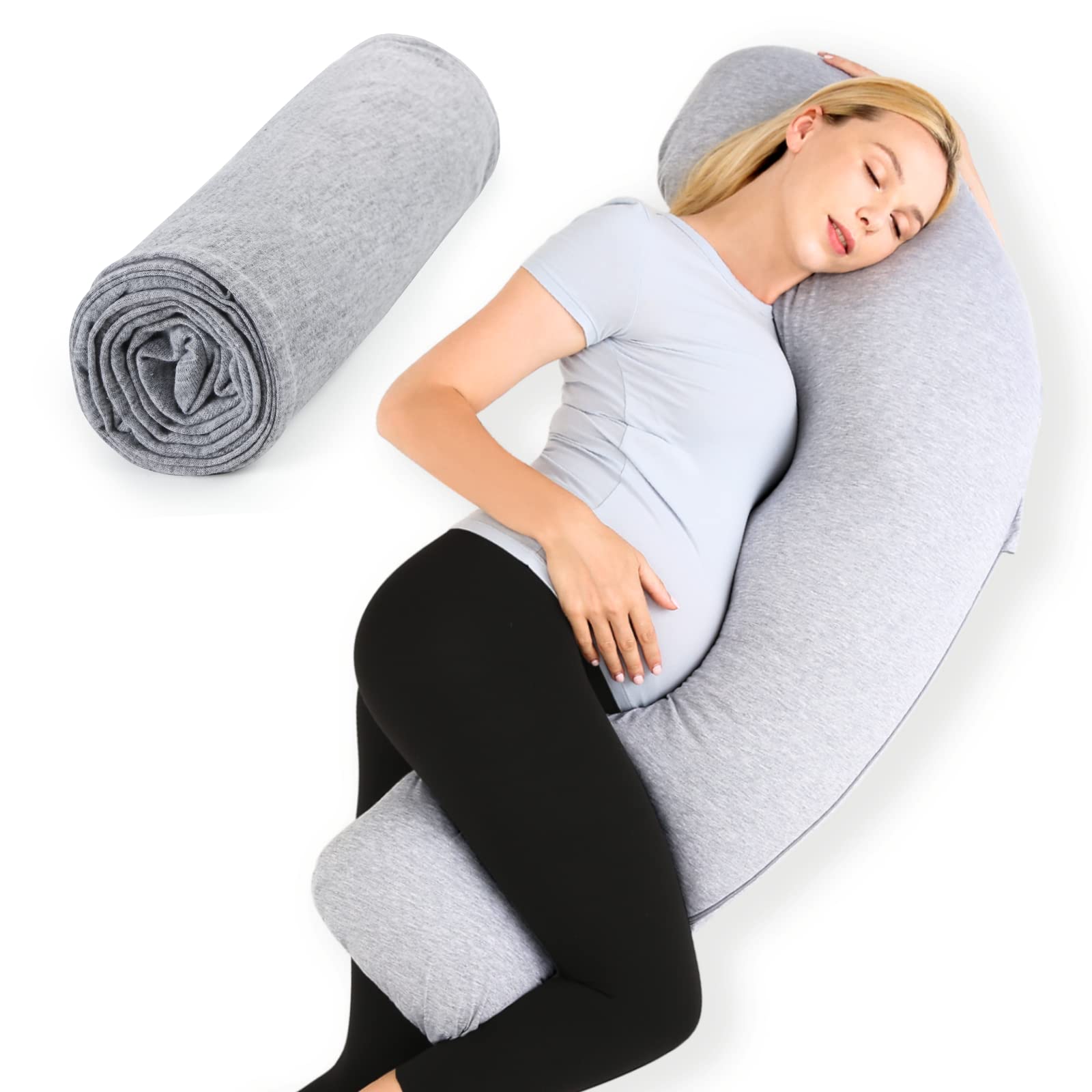 Momcozy J-Shaped Pregnancy Pillow with Removable Cover - Maternity Body Pillow for Head, Neck & Belly Support - Soft Grey Pregnancy Pillow for Sleeping Comfort - Perfect for Side Sleepers & Expecting Moms