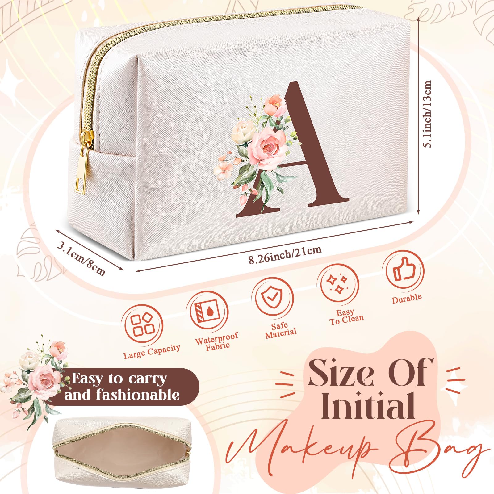 Personalized Monogram Makeup Bag with Initial - Custom Letter A Cosmetic Pouch for Women & Teens | Perfect for Travel, Gym, Birthday, Mother's Day & Graduation Gifts | Trendy Preppy Accessory for Girls