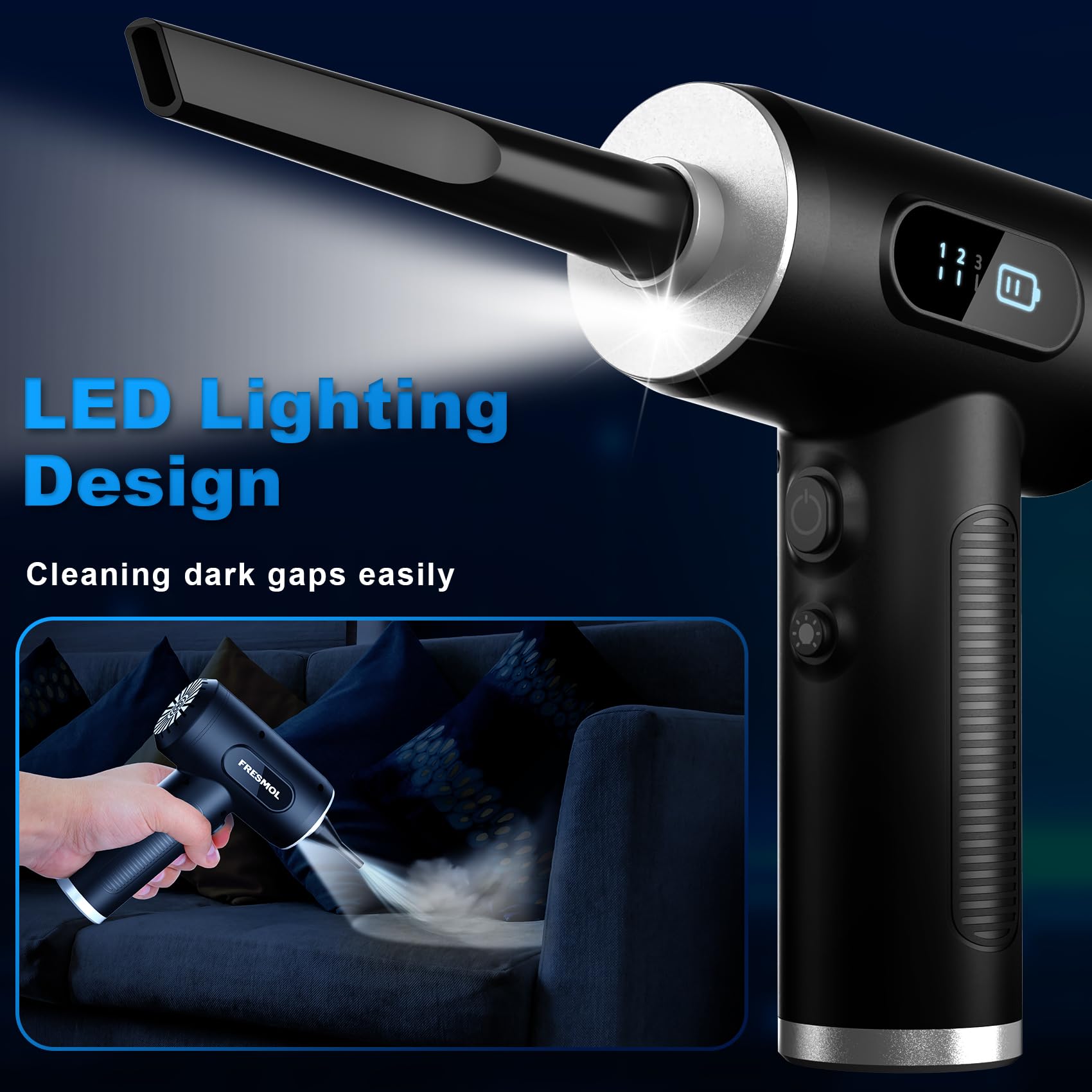 Rechargeable Cordless Electric Air Duster - 100,000 RPM High Speed with 3 Adjustable Gears & LED Light | Keyboard Cleaner, PC Dust Blower, Electronics Cleaning Tool | Replaces Compressed Air Cans (Black) | Perfect for Home Office, Computer Maintenance & DIY Projects