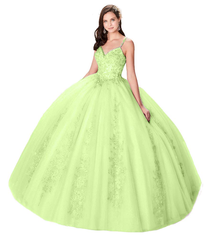 Elegant Sage Green Quinceanera Dress for Women - Beaded Spaghetti Strap Formal Gown with Lace Applique | Perfect for Sweet 16, Prom, Homecoming & Special Occasions
