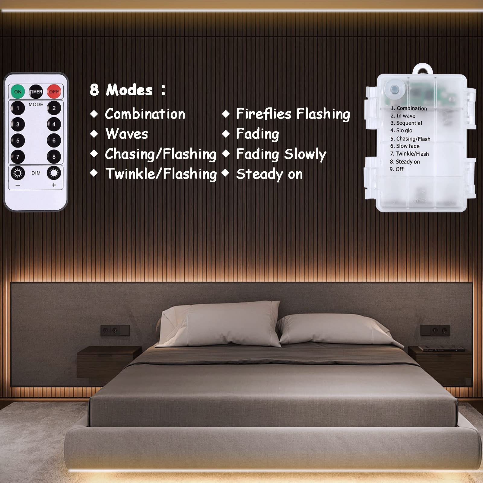Echosari 9.8FT Battery Powered LED Strip Lights - Warm White, 8 Lighting Modes, Dimmable, Timer, Self-Adhesive, Cuttable, Waterproof (90 LEDs) for TV Backlight, Kitchen Cupboard, Bedroom, Home Decor & Party Lighting