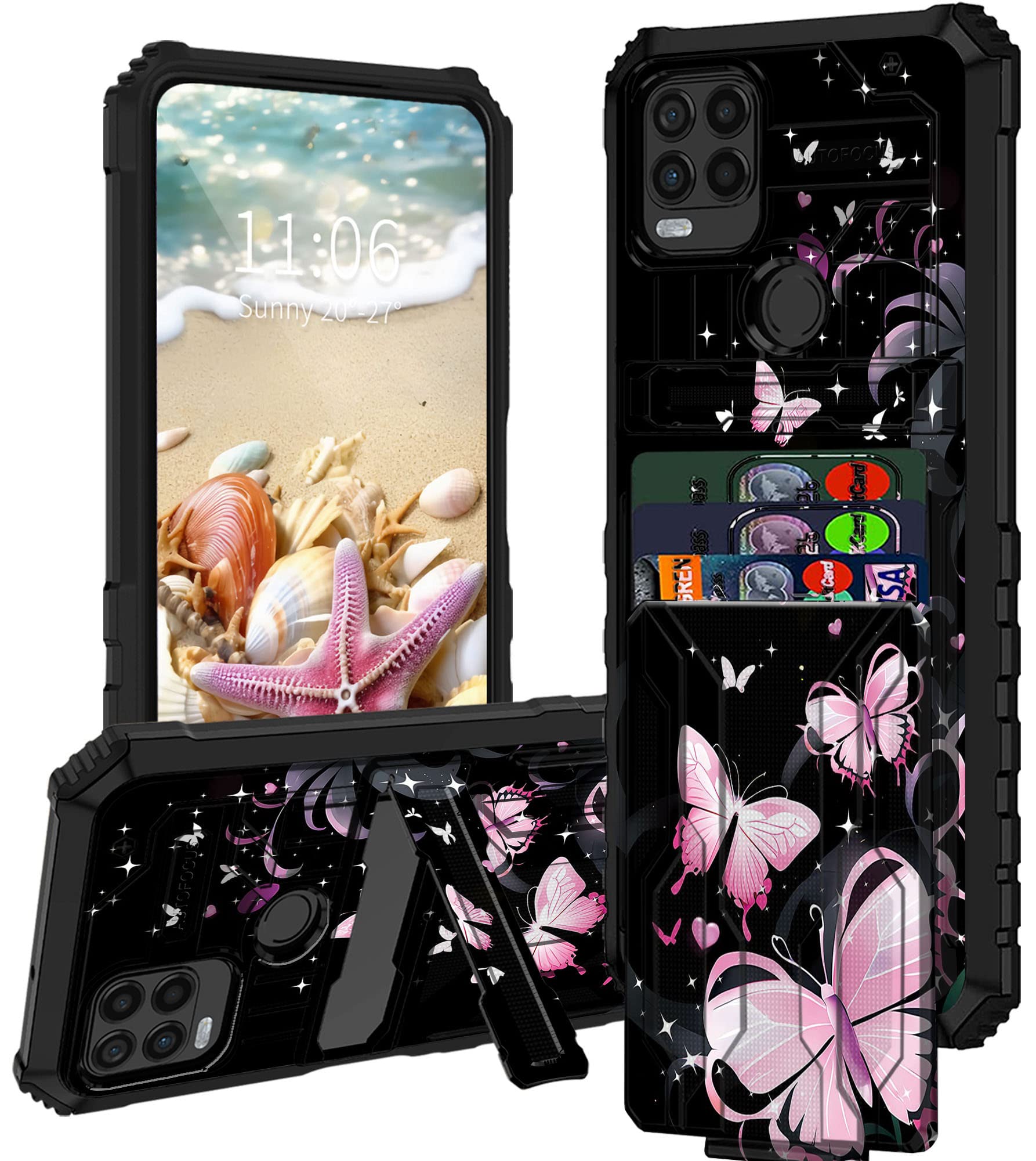 RYUITHDJP Shockproof Case for Moto G Stylus 5G (2022) with Built-in Kickstand & Card Holder Slot - Glitter Bling Pink Butterfly Design Protective Cover - Perfect for Work, Travel, and Everyday Use