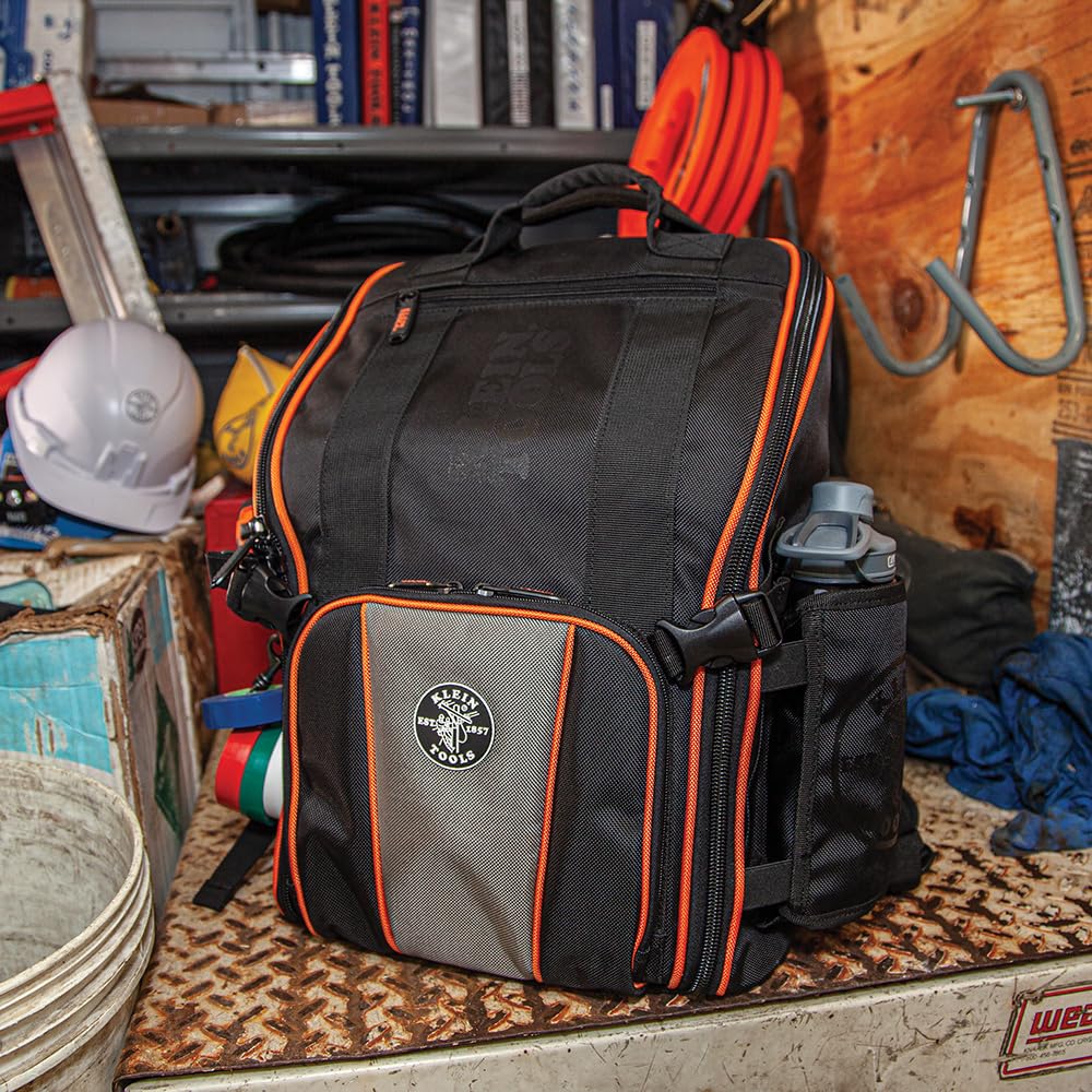 **KLEIN TOOLS 55655 Tradesman Pro Tool Backpack - 21 Pockets, Large Storage, Built-in Flashlight & Work Light - Perfect for Electricians, Contractors & DIY Projects**