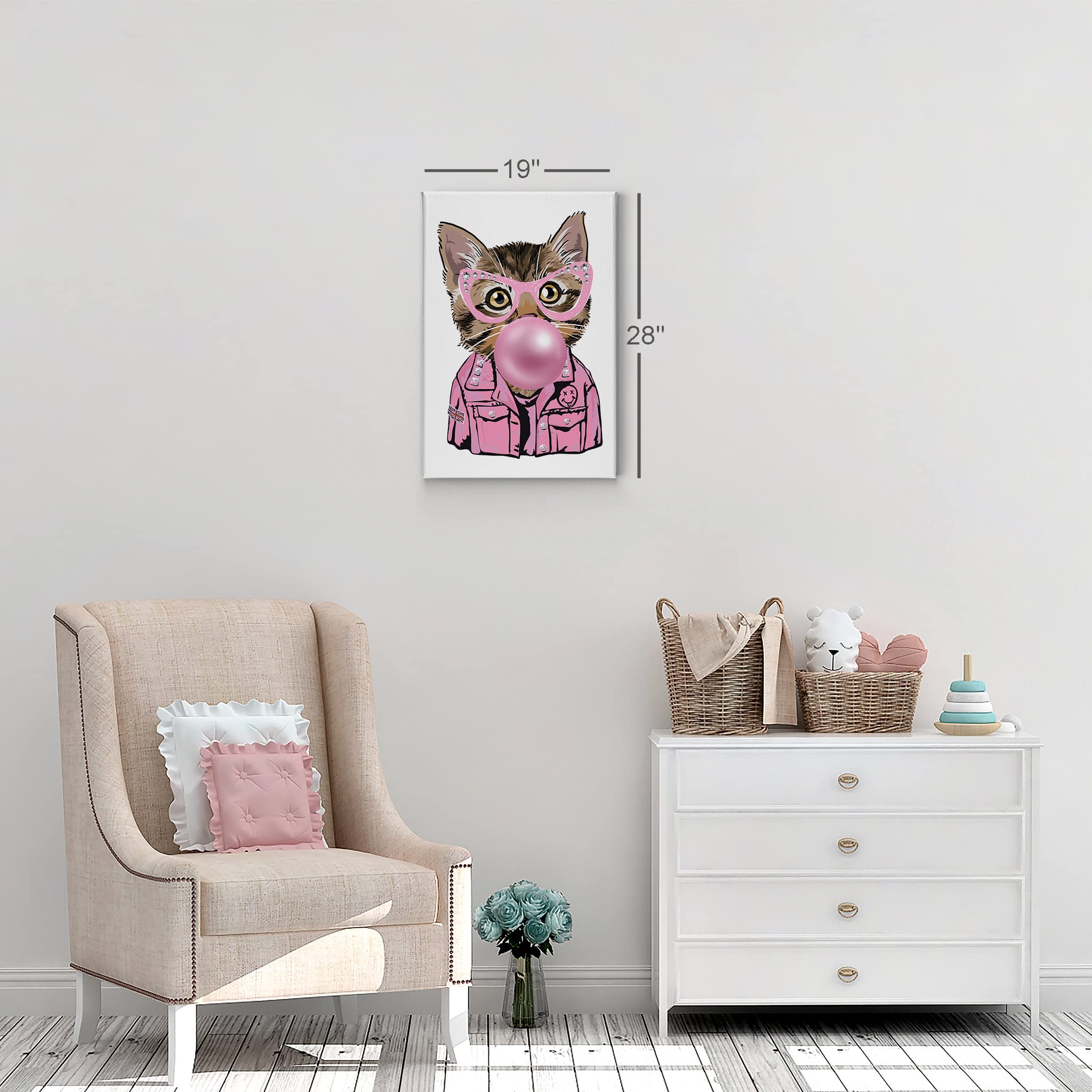 Smile Art Design Cat Portrait in Jacket & Sunglasses Chewing Bubble Gum - Canvas Wall Art Print for Pet Lovers, Pop Art Decor for Living Room, Bedroom, Nursery - Perfect Gift for Cat Owners (22x15 Inches)