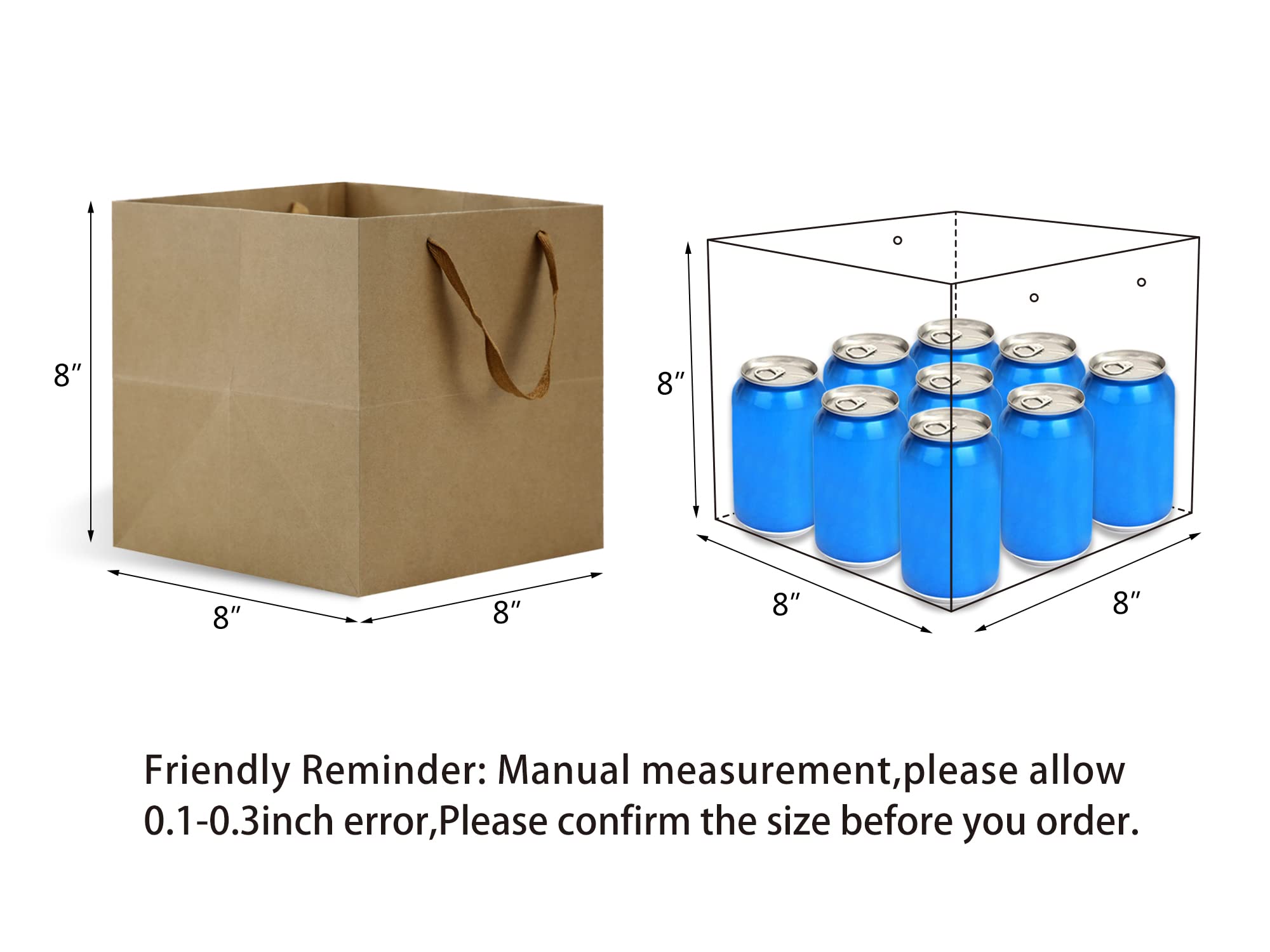 HUAPRINT 12 Pack Brown Kraft Paper Bags with Handles - 8x8x8 Inch Square Gift Bags for Shopping, Party Favors, Birthday Goodies, Take-Out & Retail Merchandise | Eco-Friendly & Durable for Stores, Events & Home Use