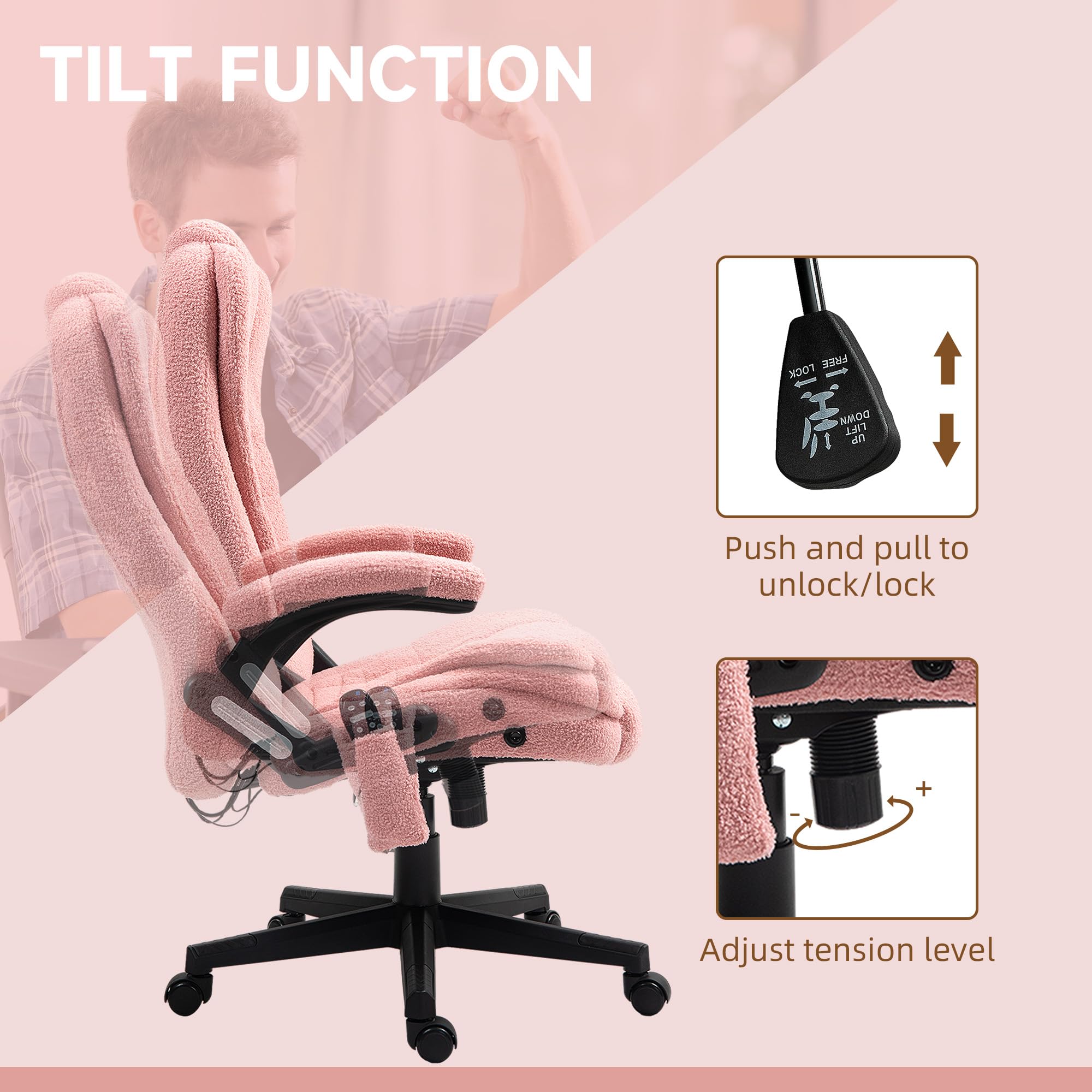 HOMCOM 6-Point Vibrating Massage Office Chair with Heating - Velvet High Back Executive Chair, Reclining Backrest, Padded Armrests & Remote Control (Pink) - Perfect for Home Office, Gaming & Relaxation