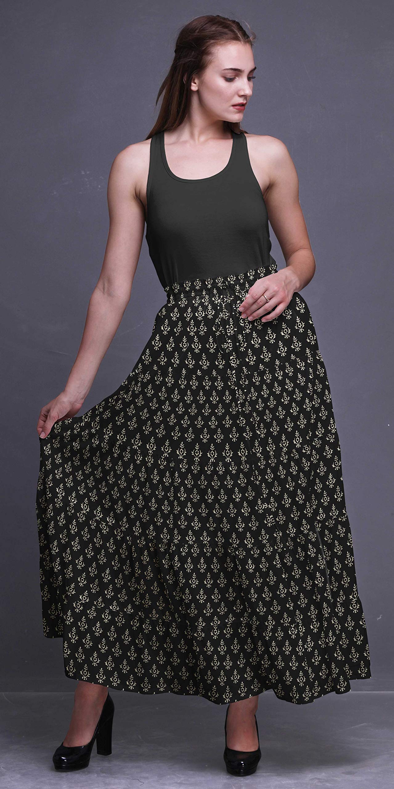 Boho Printed Long 5-Tier Cotton Skirt for Women - Flowy Maxi Skirt with Elastic Waistband | Perfect for Beach, Vacation & Summer Outfits
