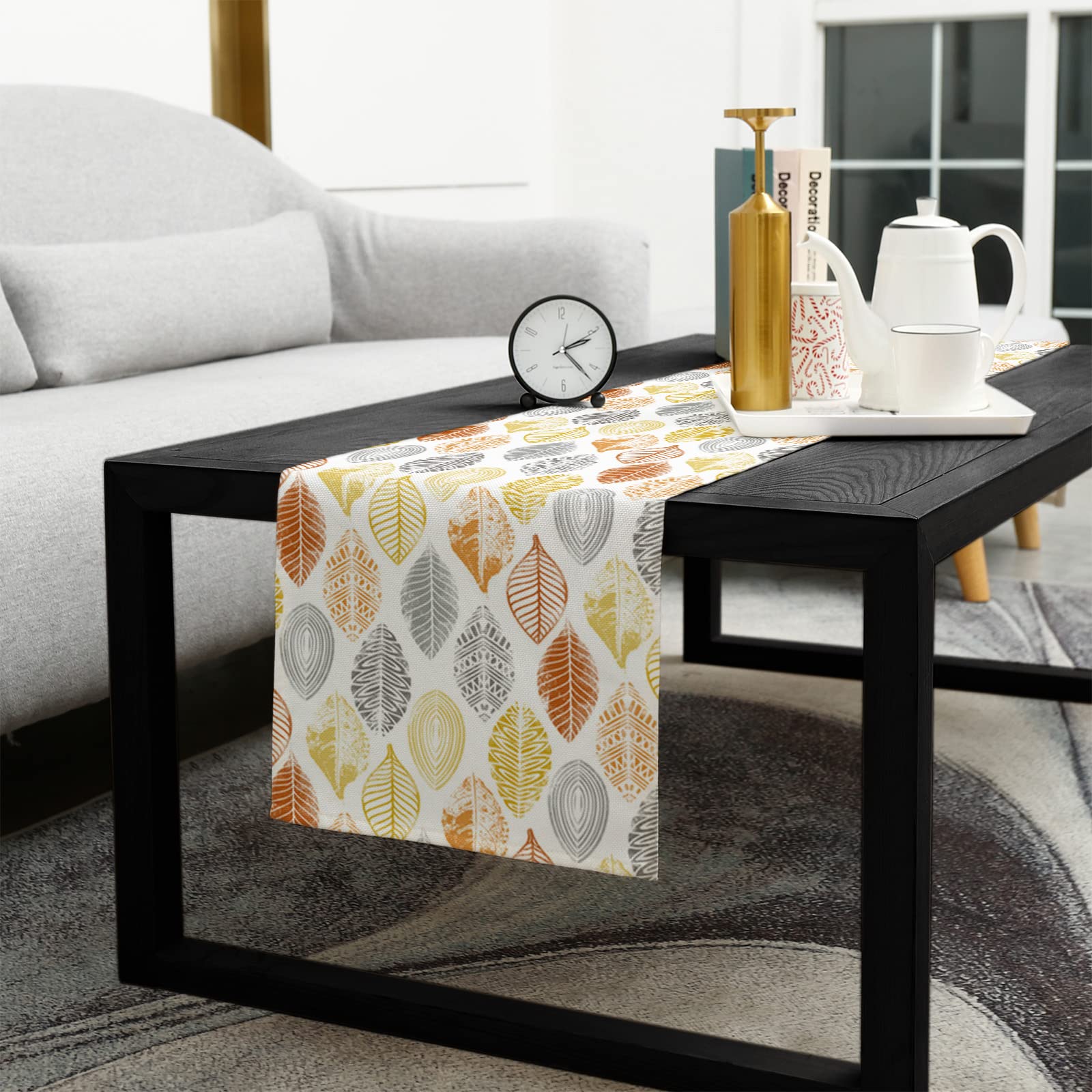 90 Inch Cotton Linen Table Runner - Orange Yellow Grey Leaf Pattern Kitchen Dining Decor | Farmhouse Style for Coffee Tables, Weddings, Banquets & Seasonal Home Decor (Summer/Fall)