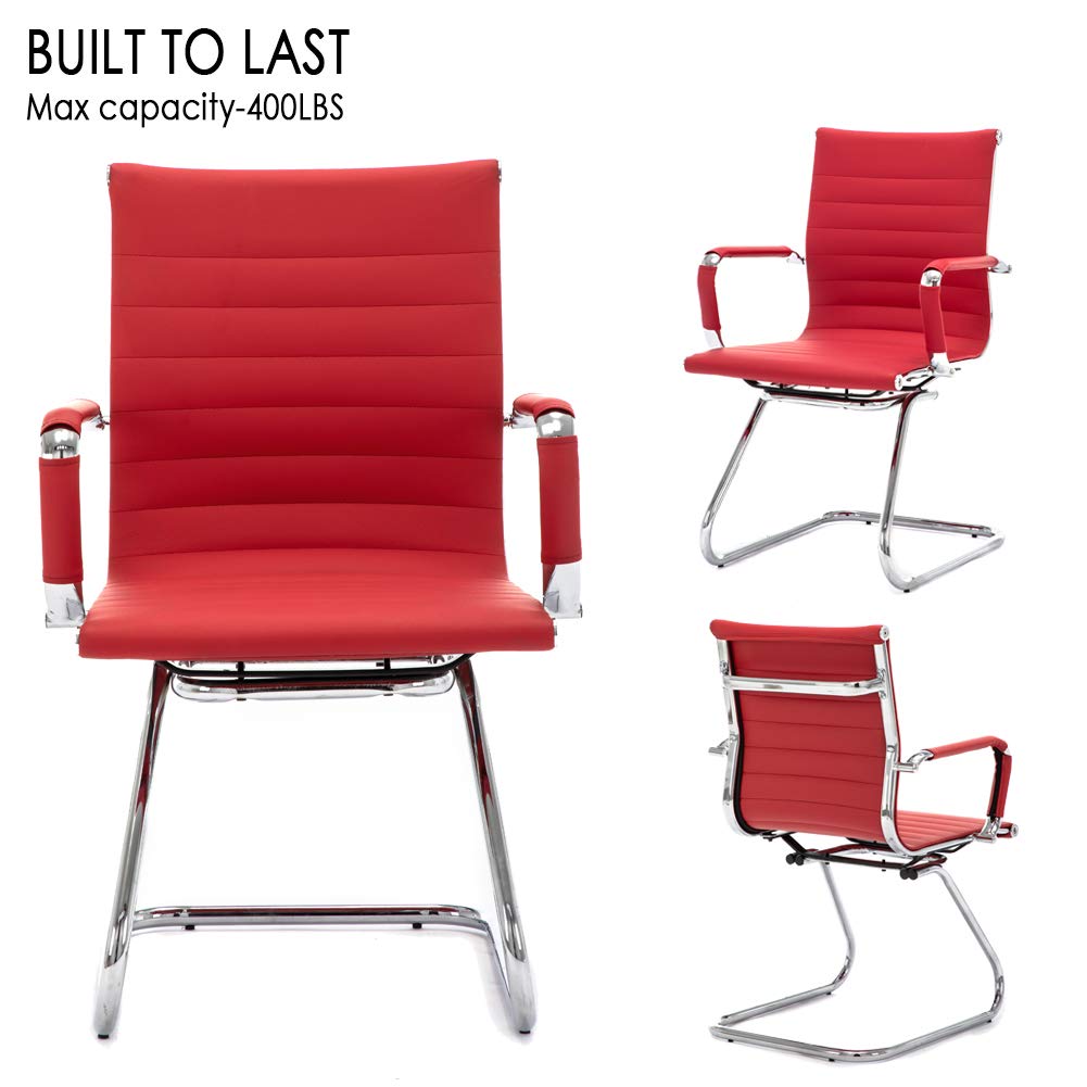 Wahson Office Guest Chairs - No Wheels Leather Reception Chairs, Mid Back Conference Chairs with Sled Base for Waiting Room, Meeting, Lobby or Office - Dark Red (2 Pack) - Perfect for Professional Spaces, Corporate Waiting Areas and Conference Rooms