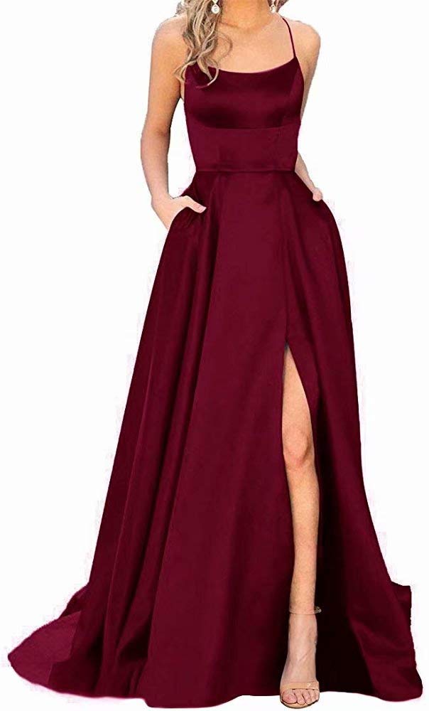 Elegant Burgundy Halter Prom Dresses for Women - Long Side Split Backless Satin Formal Evening Gown with Pockets (Size 14) | Perfect for Homecoming, Prom Night, and Special Occasions