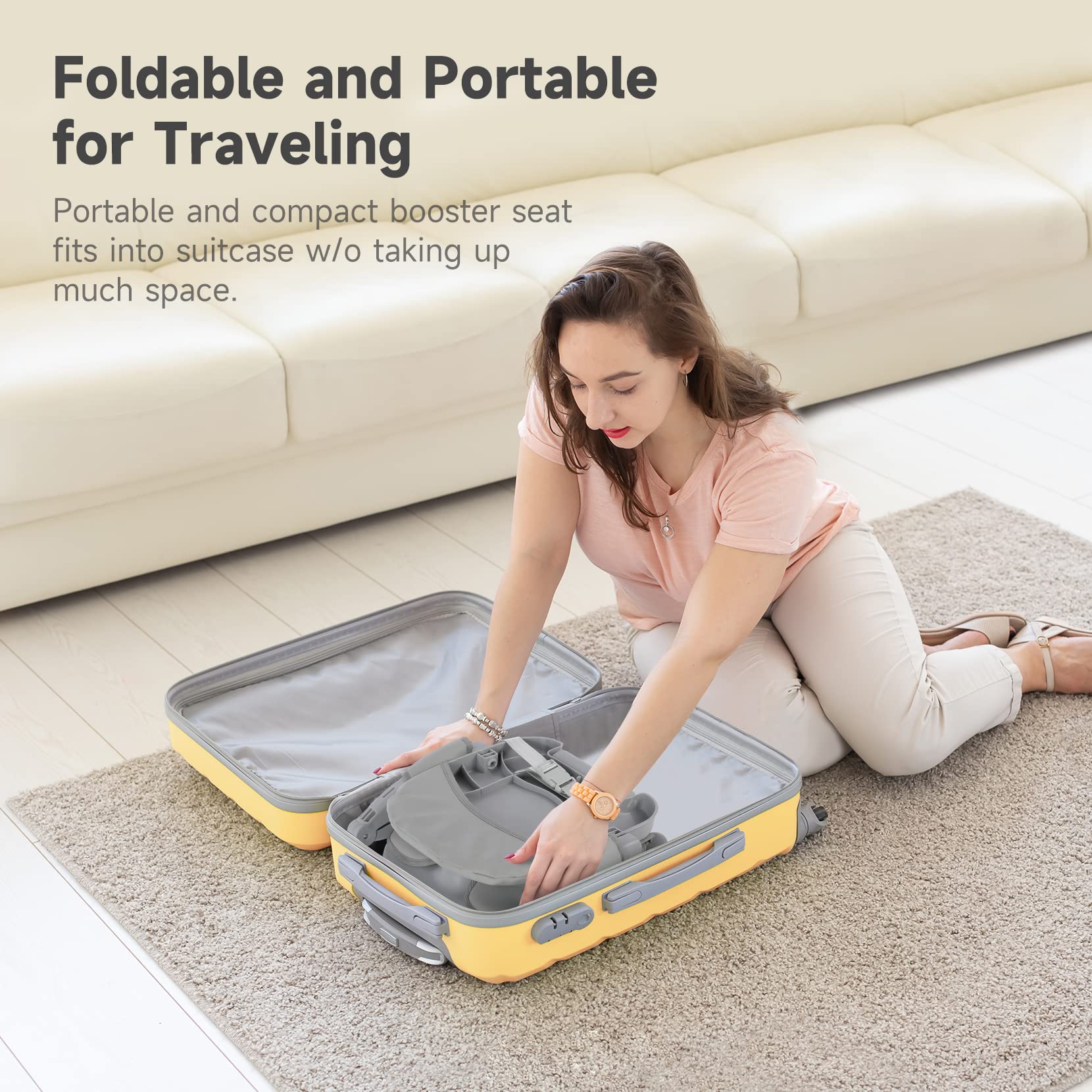 YOLEO Adjustable Baby High Chair Booster Seat for Dining Table - Portable Toddler Travel High Chair with Removable Tray & Washable Cushion - Foldable Design for Home & Restaurant Use (Grey)