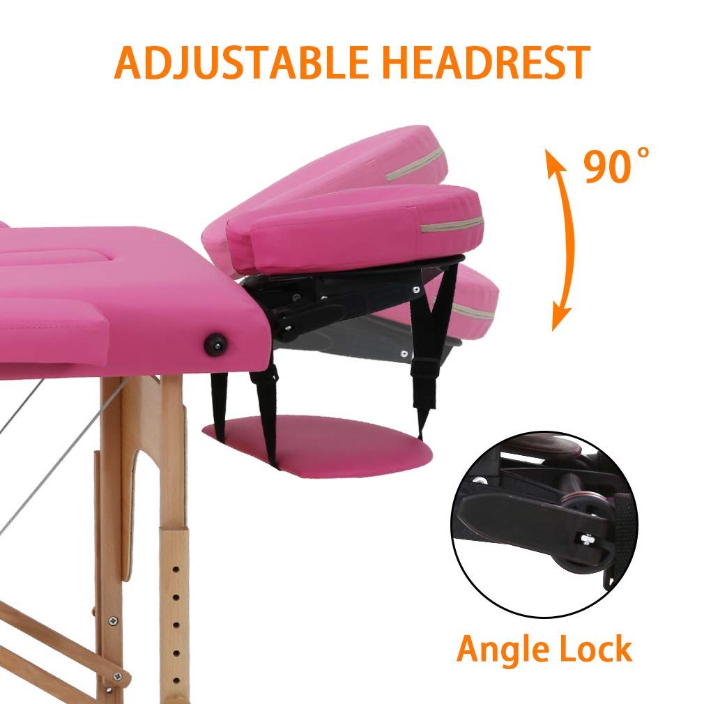 DKELI Foldable Portable Massage Table - 73 Inch Adjustable Height Spa Bed with Facial Cradle & Carry Case, 450LBS Weight Capacity (Pink) - Perfect for Professional Massage Therapy, Tattoo Salon, Home Spa & Mobile Services