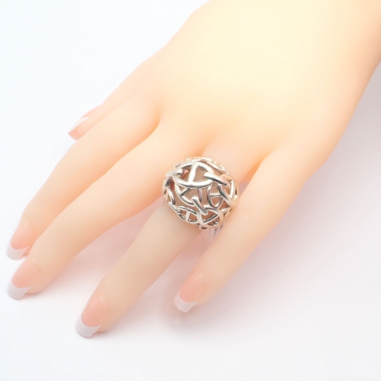 Authentic Hermes Sterling Silver Large Chaine D'anchre Dome Ring Size 4.5 - Luxury Jewelry for Women, Perfect for Parties, Weddings & Special Occasions