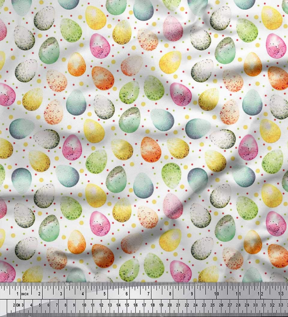 Soimoi 100% Cotton Cambric Fabric - White Easter Egg Print - 56