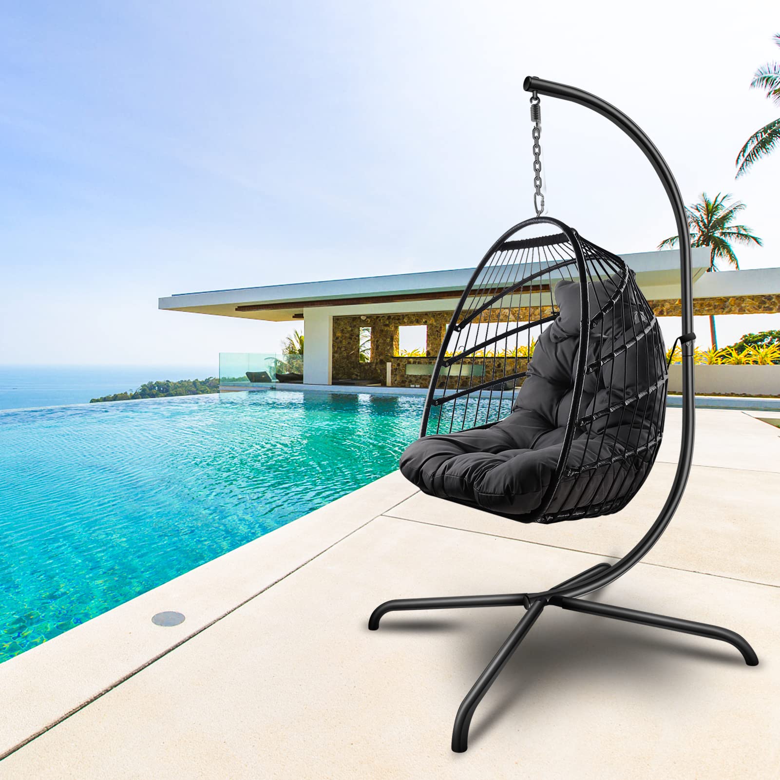 Indoor Outdoor Hanging Swing Egg Chair with Stand - Wicker Rattan Patio Basket Hammock Chair with Metal Frame, Cushion & Pillow - 350LBS Capacity - Perfect for Backyard, Garden, Balcony & Porch Relaxation