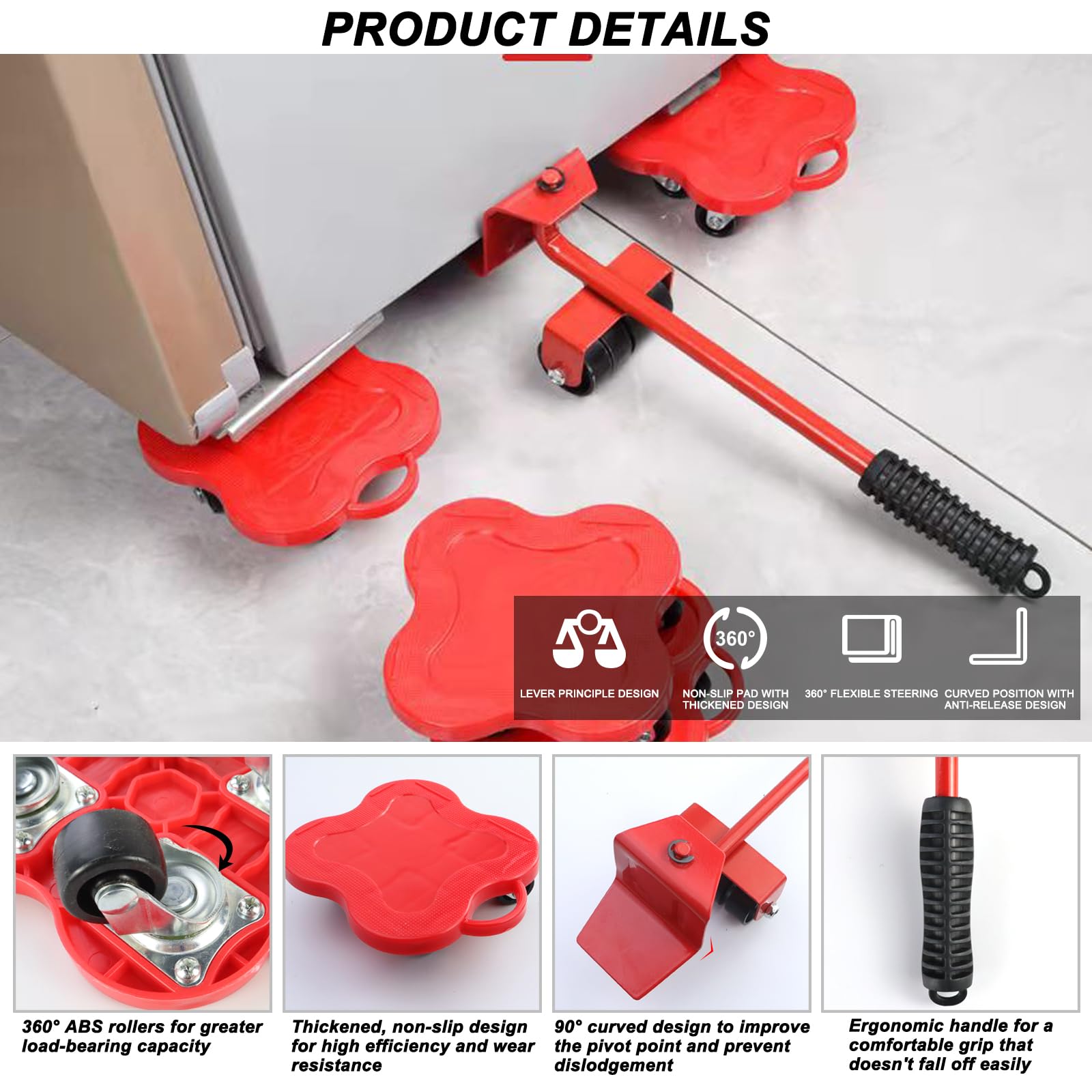 Heavy Duty 4-Wheel Furniture Mover Dolly with 360° Rotation - 1102lbs Capacity for Refrigerator, Sofa & Cabinet - Red Home & Warehouse Moving Equipment - Perfect for Home Renovation, Office Relocation & Furniture Rearranging