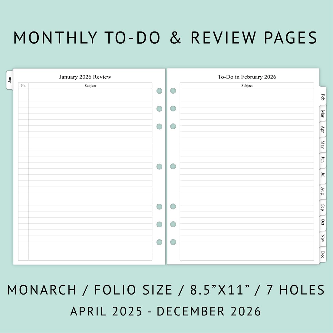 Newestor 2025-2026 Monthly Planner Refill for 3 Ring Binder - Apr 2025 to Dec 2026 Calendar with Two Pages Per Month, 8.5