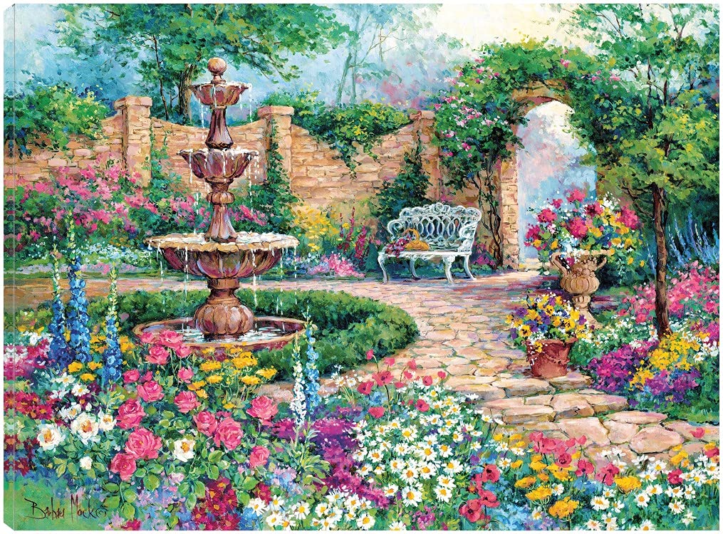 Tranquil Garden Canvas Wall Art - Hand Painted by Artist Barbara Mock - 32x24 Inch Ready to Hang Painting - Perfect for Living Room, Bedroom, Office & Home Decor - Nature Inspired Landscape Artwork for Relaxing Spaces