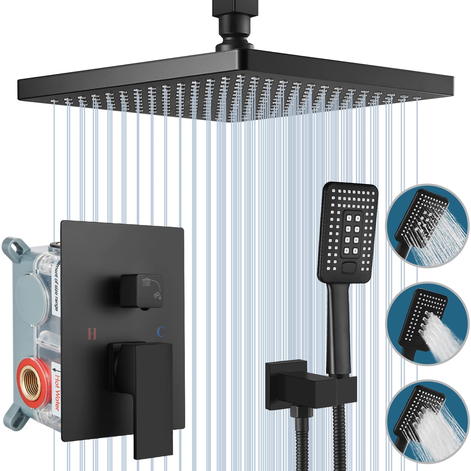 Midanya Matte Black 12 Inch Rain Shower System - Ceiling Mount ABS Shower Head with 3 Functions, High Pressure Handheld Spray & Rough-in Valve - Luxury Bathroom Upgrade for Spa-like Experience