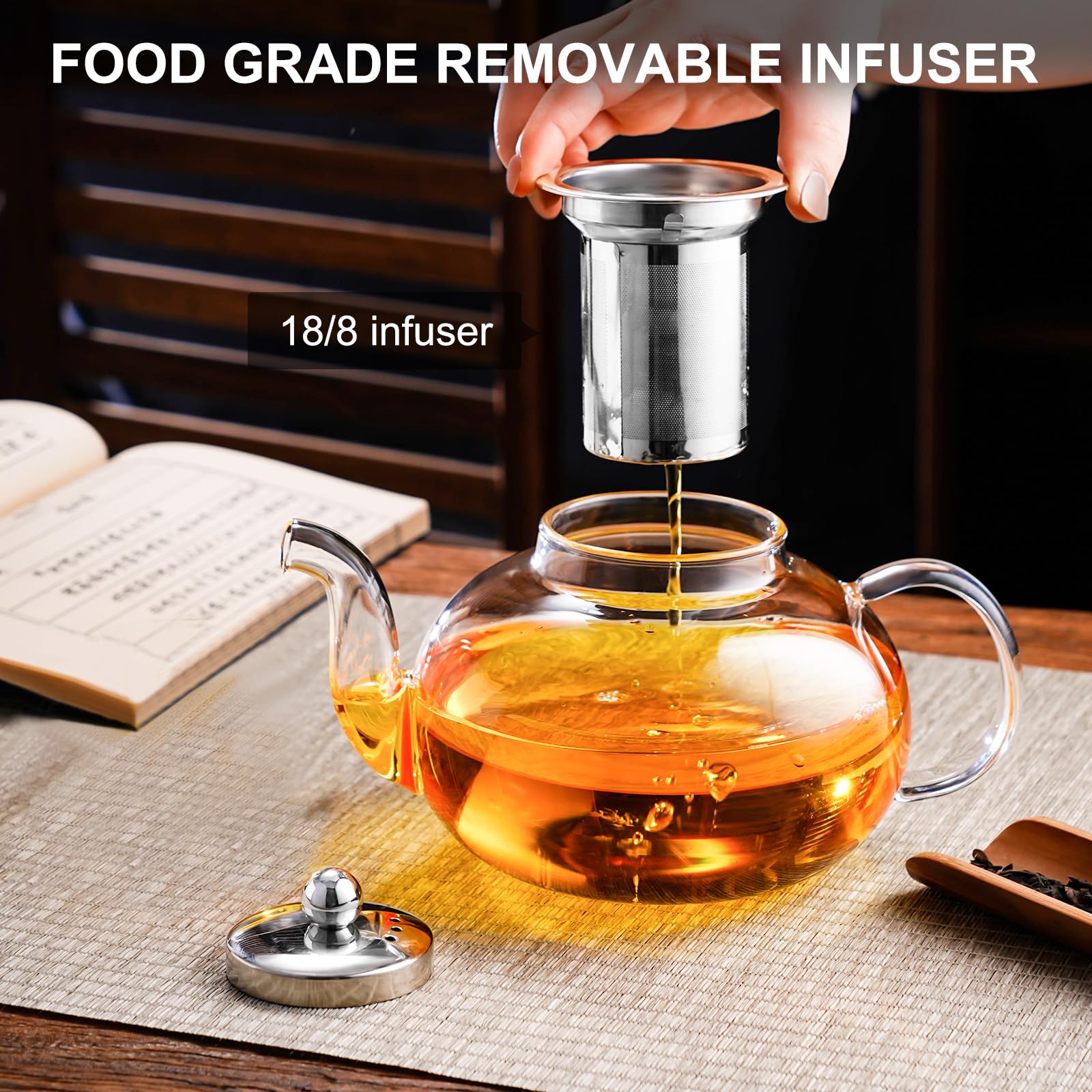 Premium Borosilicate Glass Teapot with Removable Stainless Steel Infuser - 40oz/1200ml Stovetop Safe Tea Kettle for Blooming & Loose Leaf Tea - Perfect for Home, Office, Camping & Travel Use
