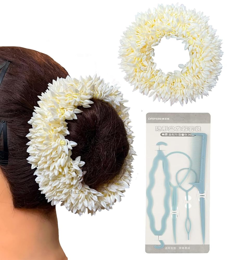 South Indian White Mogra Jasmine Flower Hair Gajra - Artificial Floral Hair Garland & Bun Maker Set for Women & Girls | Perfect for Weddings, Festivals & Traditional Hairstyles