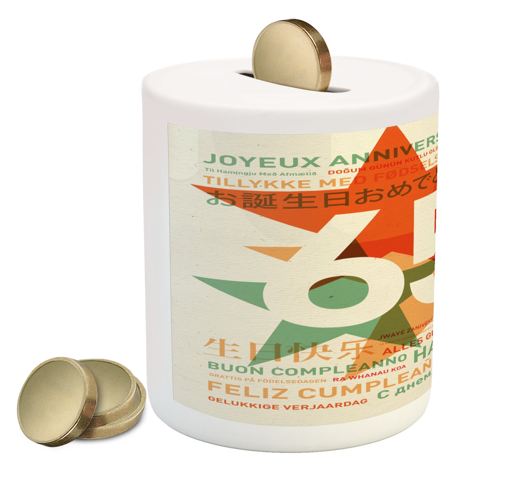 Ambesonne 65th Birthday Piggy Bank - Multicolor Ceramic Money Box for Cash Savings | Happy Birthday in French & Italian | Perfect Gift for Anniversary, Retirement & Milestone Celebrations