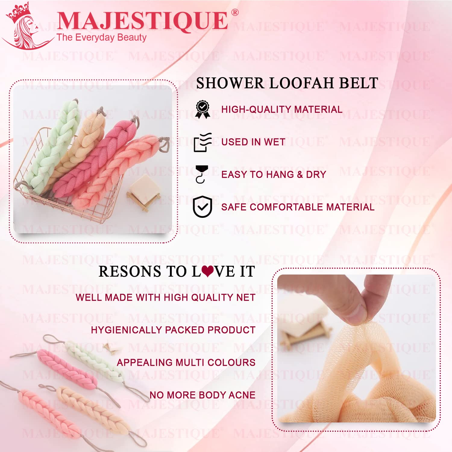 Majestique Exfoliating Loofah Belt for Shower & Bath - Stretchable Braided Mesh Back Scrubber, Soft Body Wash Sponge for Women & Men - Perfect for Deep Cleansing & Skin Exfoliation - Pack of 3 Multicolor