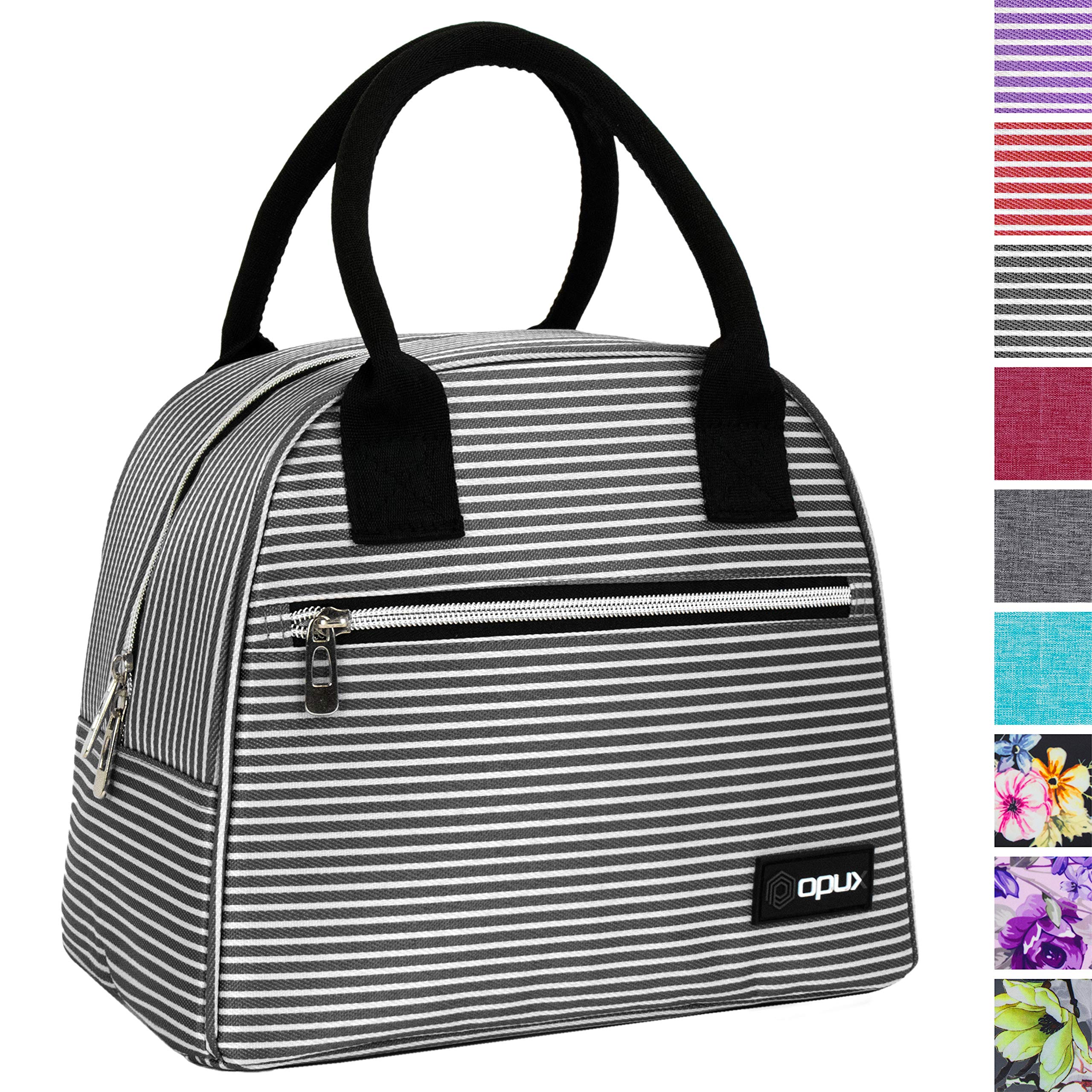 OPUX Insulated Lunch Box for Women, Girls, Kids & Teens - Soft Thermal Lunch Bag Tote for Work, School & Travel - Reusable Food Cooler Container for Meal Prep, Beach & Outdoor Activities - Black & White Stripes
