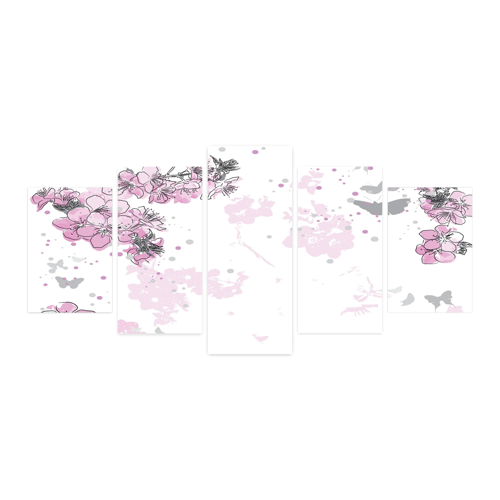 Ambesonne Almond Blossom 5-Panel Acrylic Glass Wall Art - Pink & Black Abstract Floral Painting with Splash Background (60