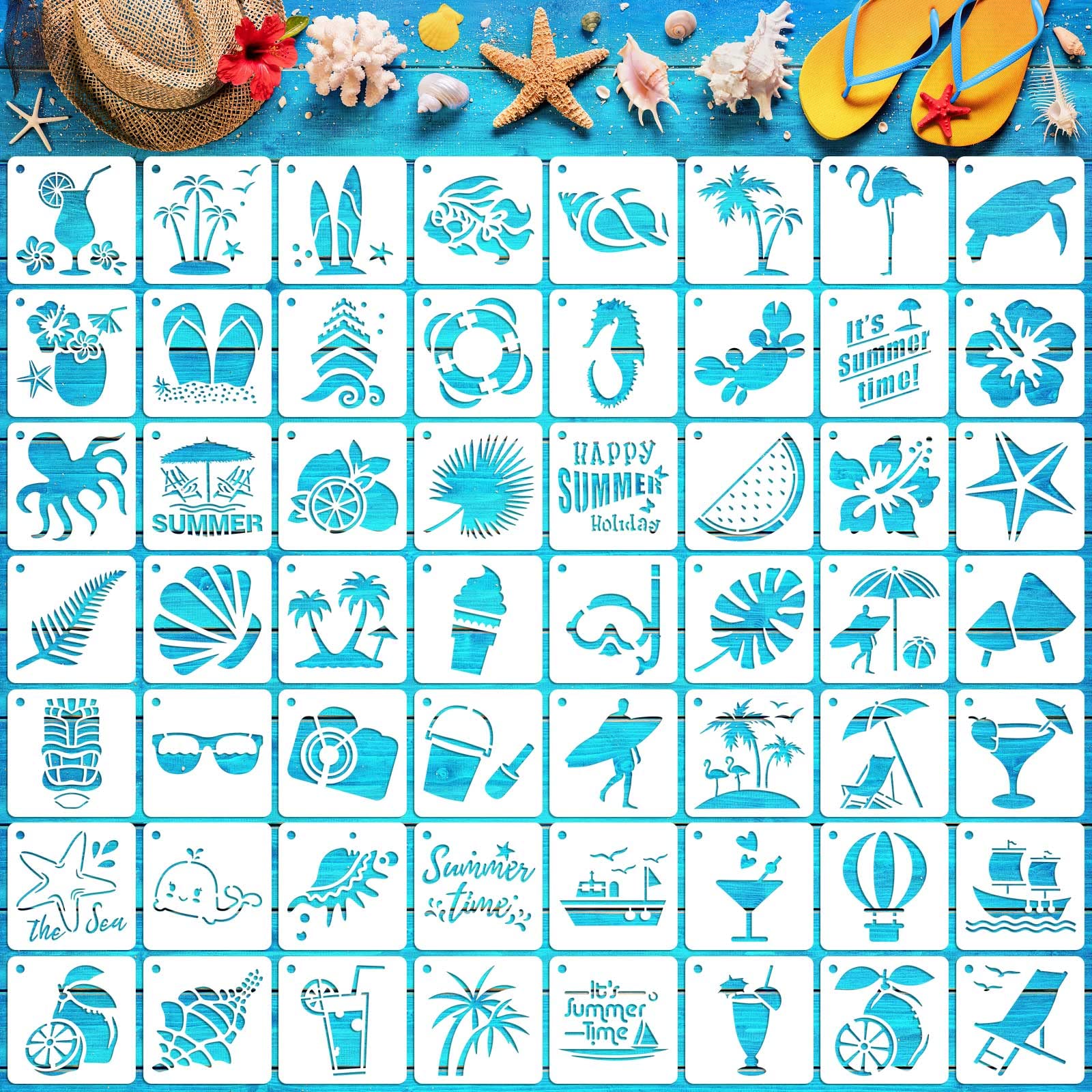 56 Pack Augshy Beach Stencils - 3 Inch Wood Hawaiian Ocean Life Templates for Scrapbooking, Drawing, Wall & Floor Decor, DIY Rock Painting Art Projects | Perfect for Summer Crafts, Kids Activities & Coastal Home Decor