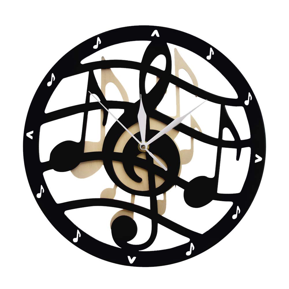 Musical Theme Wooden Wall Clock with Silent Sweep - Treble Clef & Music Notes Design - Sheet Music Wall Art for Musicians - Perfect Home Decor for Living Room, Bedroom & Office - Ideal Gift for Music Lovers