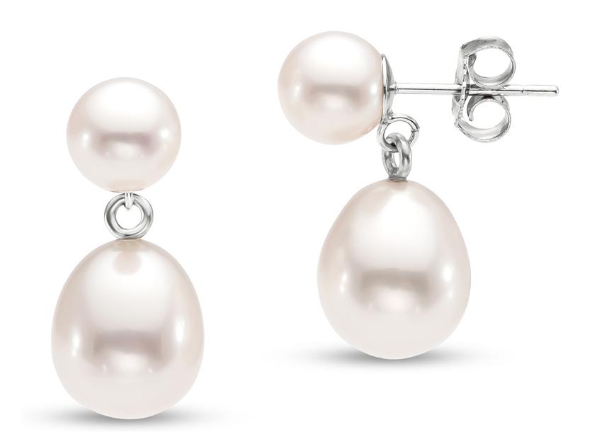 14K White Gold Freshwater Pearl Double Drop Earrings for Women - Elegant Dangling Pearl Jewelry for Weddings, Parties & Special Occasions