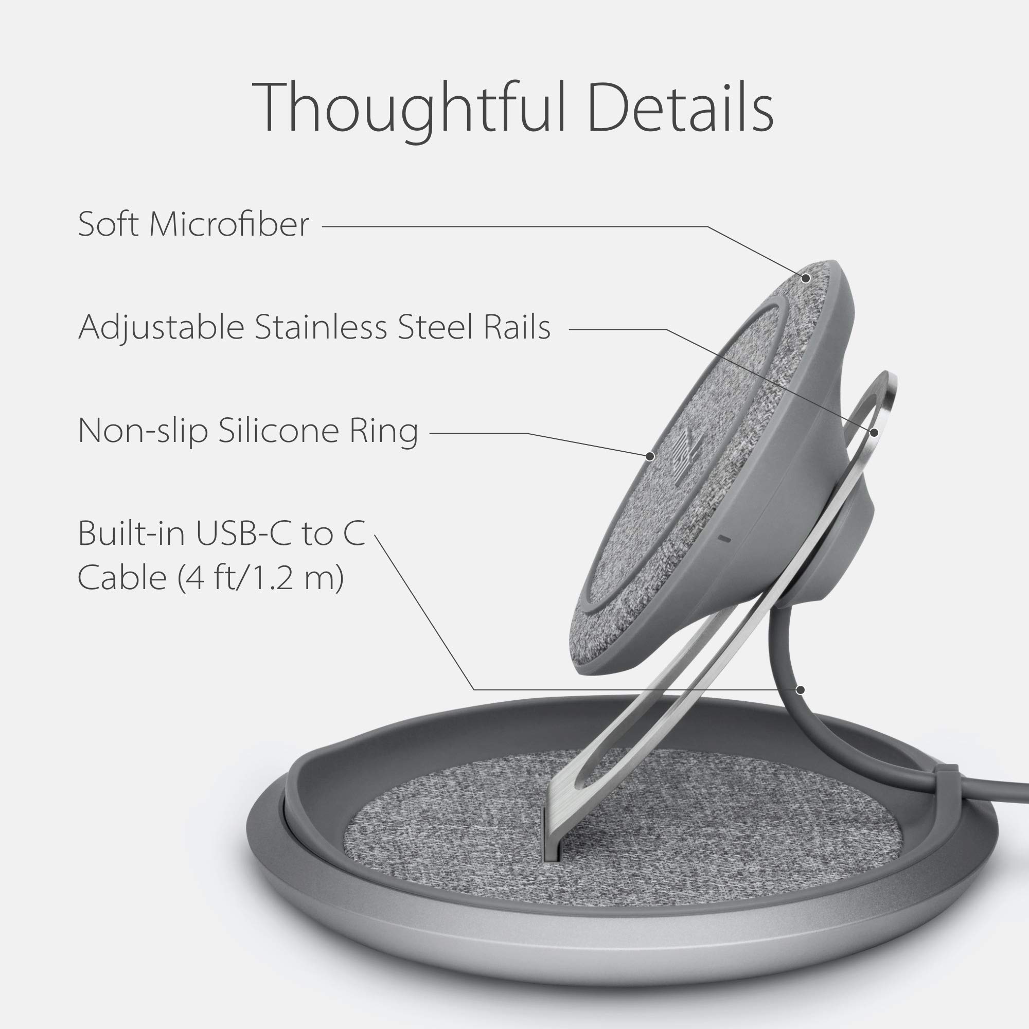 Moshi Lounge Q Wireless Charger Stand - Adjustable Height, Soft Fabric, 15W Fast Charging for iPhone 12/13/14, Galaxy S21/S22, Pixel & Qi Devices | Perfect for Bedside, Office Desk & Nightstand Charging (AC Adapter Not Included)
