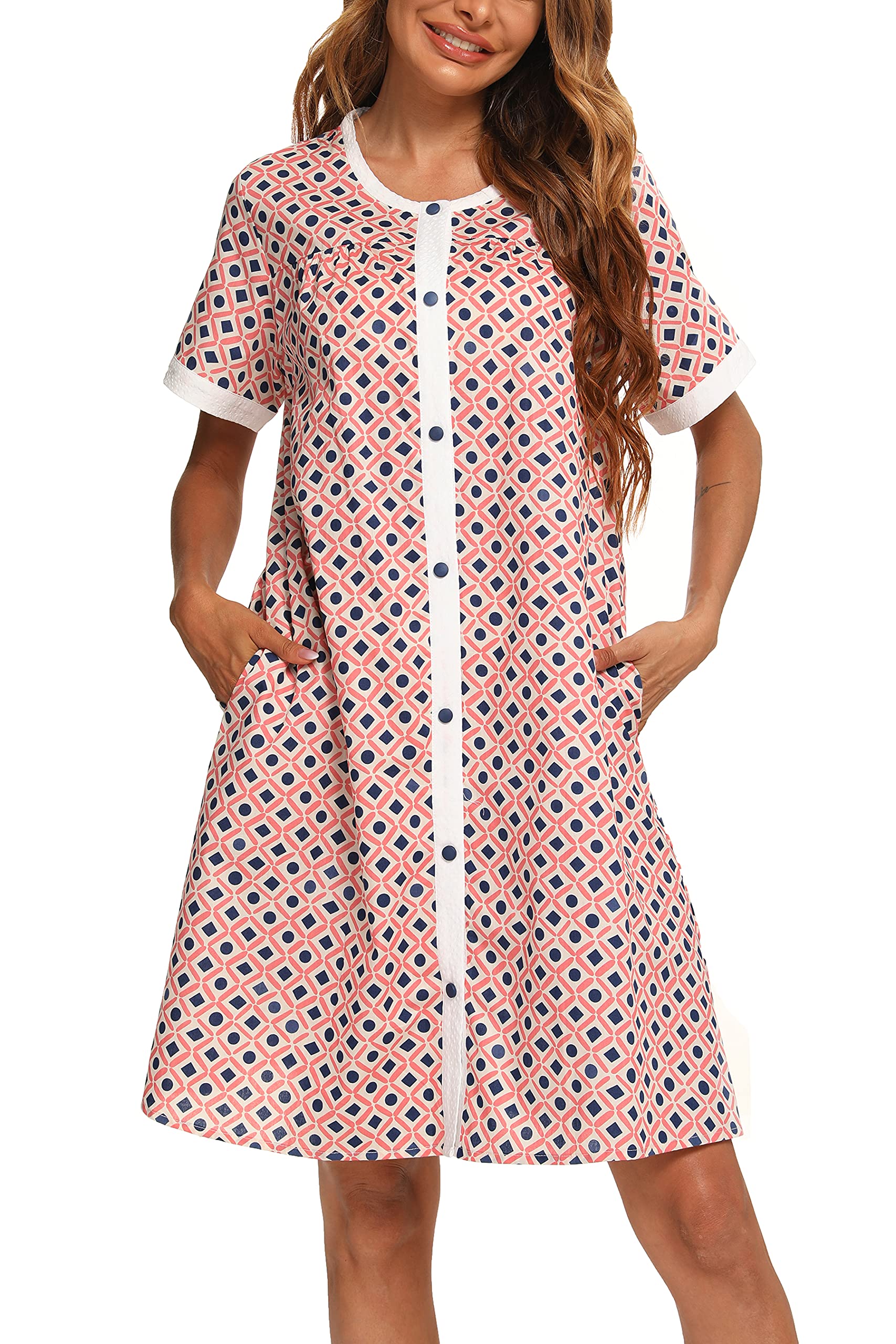 YOZLY Women's Short Sleeve House Dress with Pockets - Comfortable Cotton Duster Robe & Nightgown for Lounge Wear, Morning Coffee, and Relaxing at Home