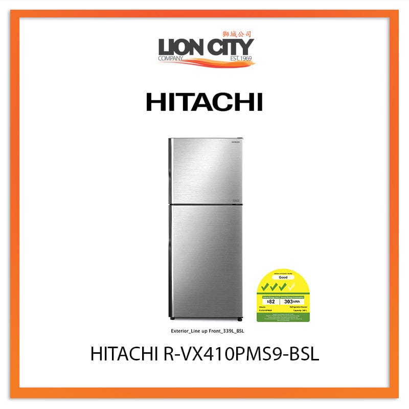 Hitachi 340L 2 Door Refrigerator R-VX410PMS9 BSL - Energy Efficient Fridge for Home, Kitchen & RV Use