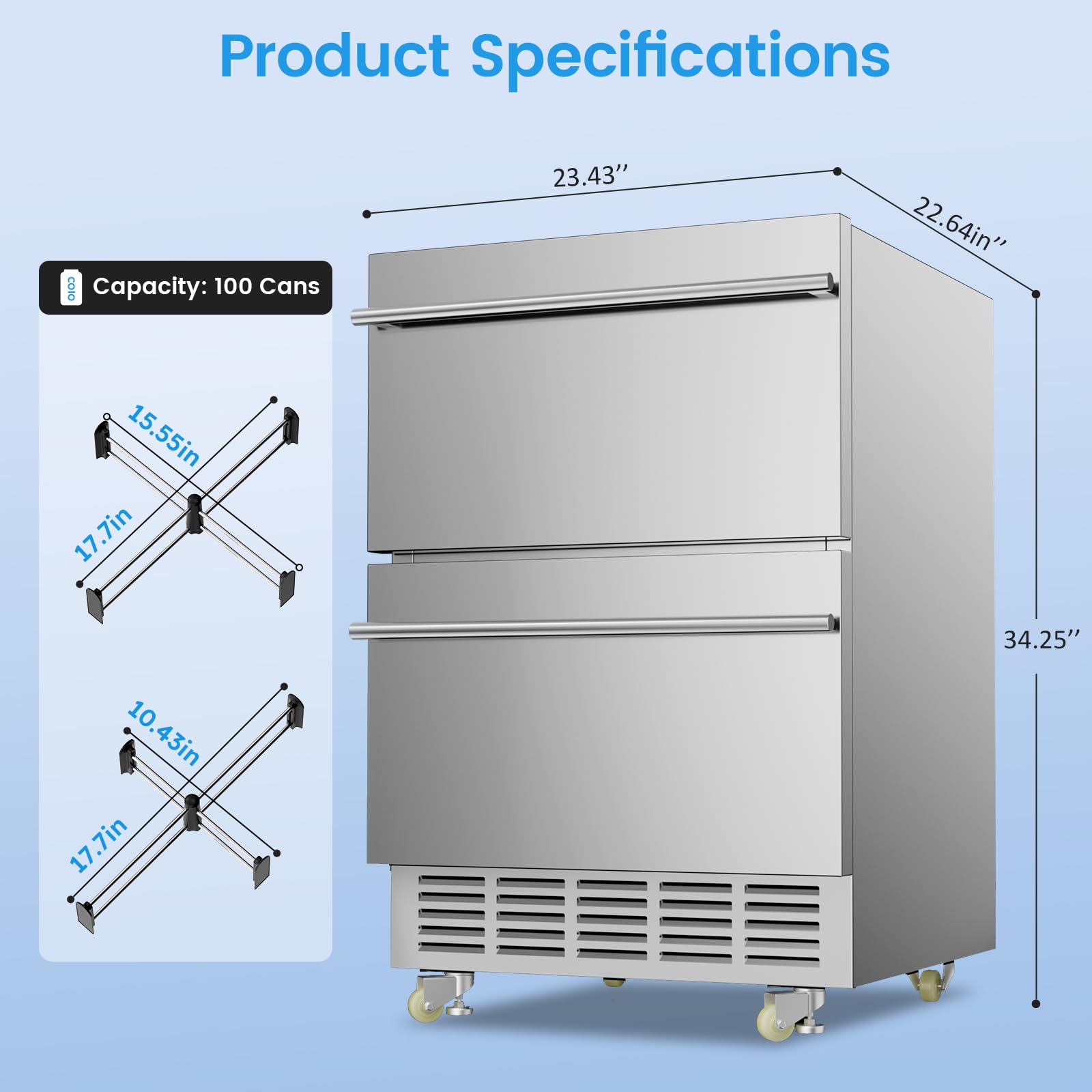 24 Inch Outdoor Beverage Refrigerator - 120 Can Capacity Undercounter Fridge for Patio, Backyard & Outdoor Kitchen | Freestanding/Built-In Double Drawer Design with Wheels | Perfect for BBQs, Pool Parties & Entertaining Guests