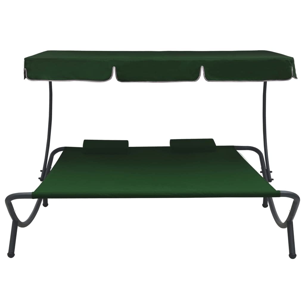 vidaXL Outdoor Double Chaise Lounge with Canopy & Pillows - Patio Daybed for Poolside, Lawn & Garden - Scandinavian Style Green Lounge Chair - Perfect for Sunbathing, Relaxing & Outdoor Entertaining