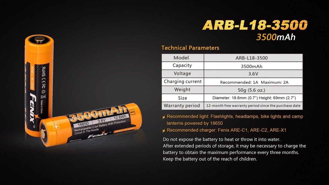 Fenix ARB L18 3500mAh High Capacity Rechargeable 18650 Lithium Battery - Perfect for Flashlights, Vaping Devices & Portable Electronics