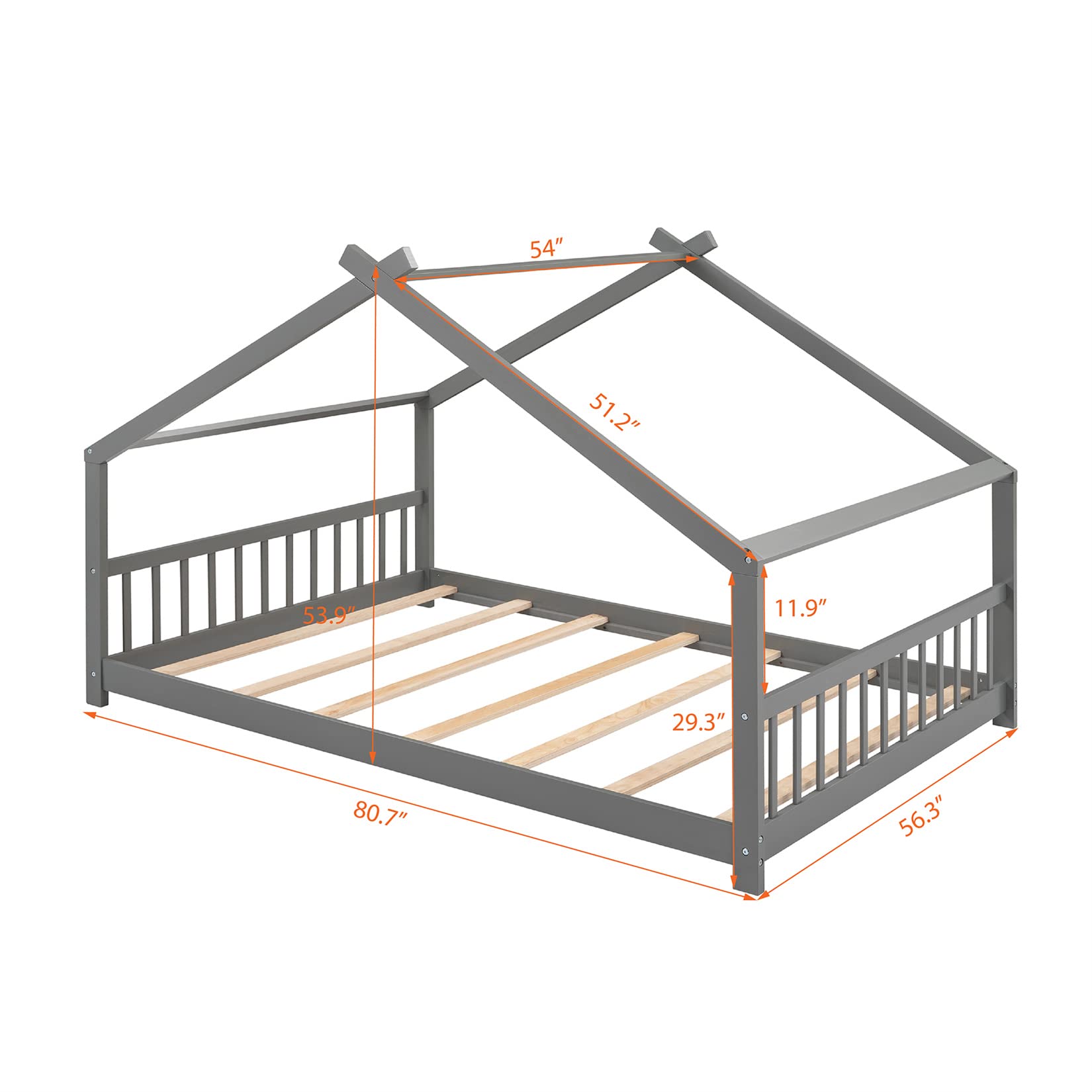 Montessori Kids Bed Frame - Full Size Wood Platform Bed with Headboard & Footboard for Boys, Girls & Teens | Gray House Bed for Children's Room, Playroom & Dormitory